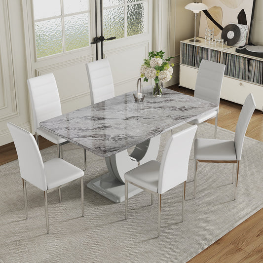 Marble Dining Table Set for 6, Sudica Kitchen Table and Chairs with Faux Marble Table Top and White PU Leather Dining Room Chairs