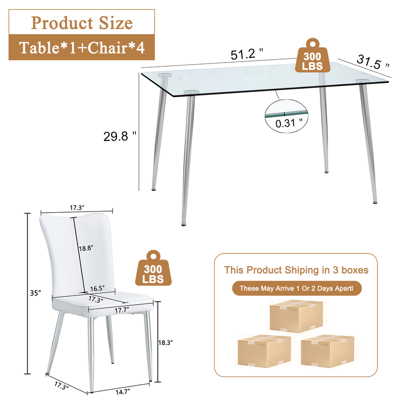 Sudica Compact Dining Table and Chair Set for 4, 51 inch Rectangular Tempered Glass Kitchen Table and PU Leather Chairs for Dining Room,Living Room,White