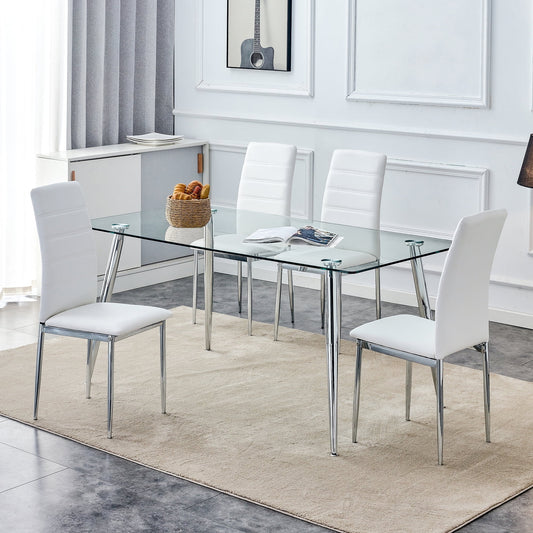 63" Dining Table Set, Sudica Kitchen Table and 4 White PU Leather Dining Room Chairs