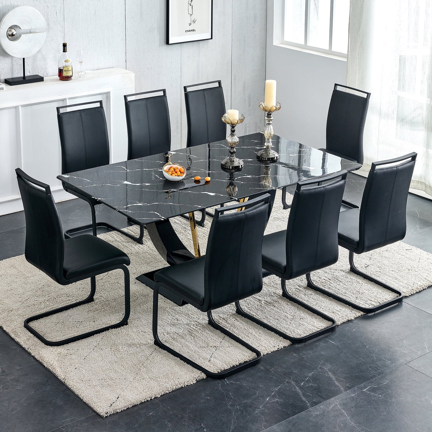 Sudica 71" Marble Dining Table Set for 8, Modern Rectangular Dining Table with PU Leather Upholstered Dining Room Chairs,Black