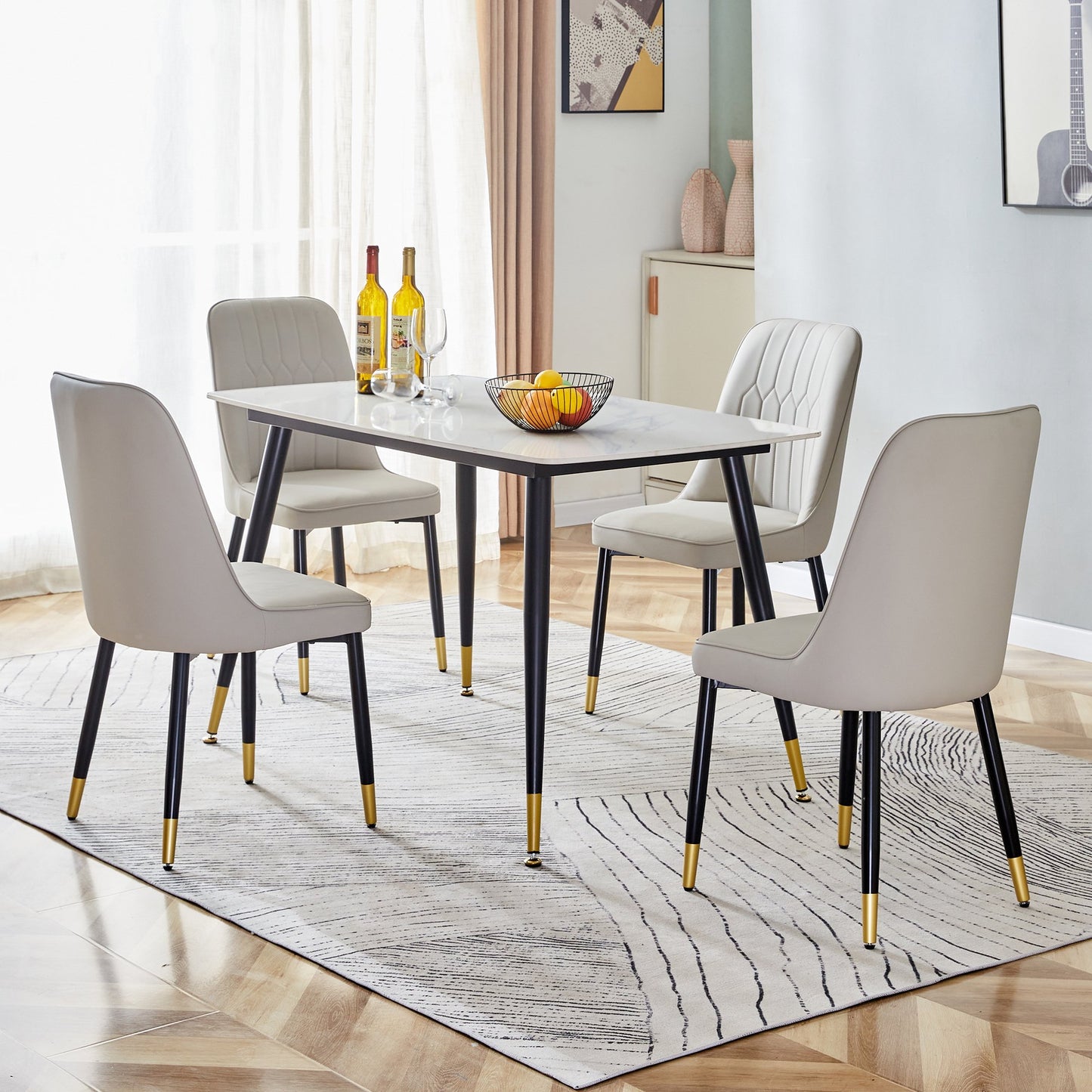 Sudica 5-Piece Compact Dining Table Set,White Dining Tabletop with 4 Faux Leather Dining Room Chairs, White