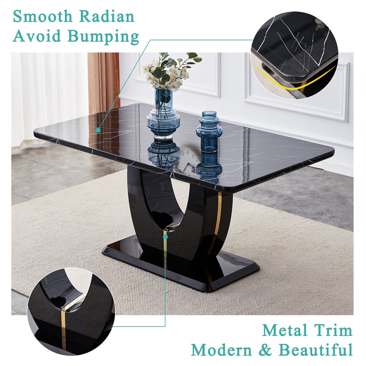 Sudica 63" Marble Dining Table for 6 Black Faux Marble Dining Room MDF Table with U-Shaped Support