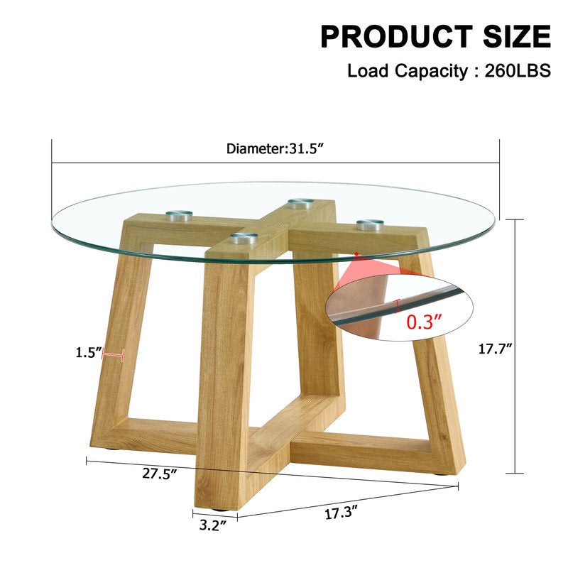 Sudica Glass Coffee Table,31 inch Modern Round Center Table with Wooden Legs for Living Room