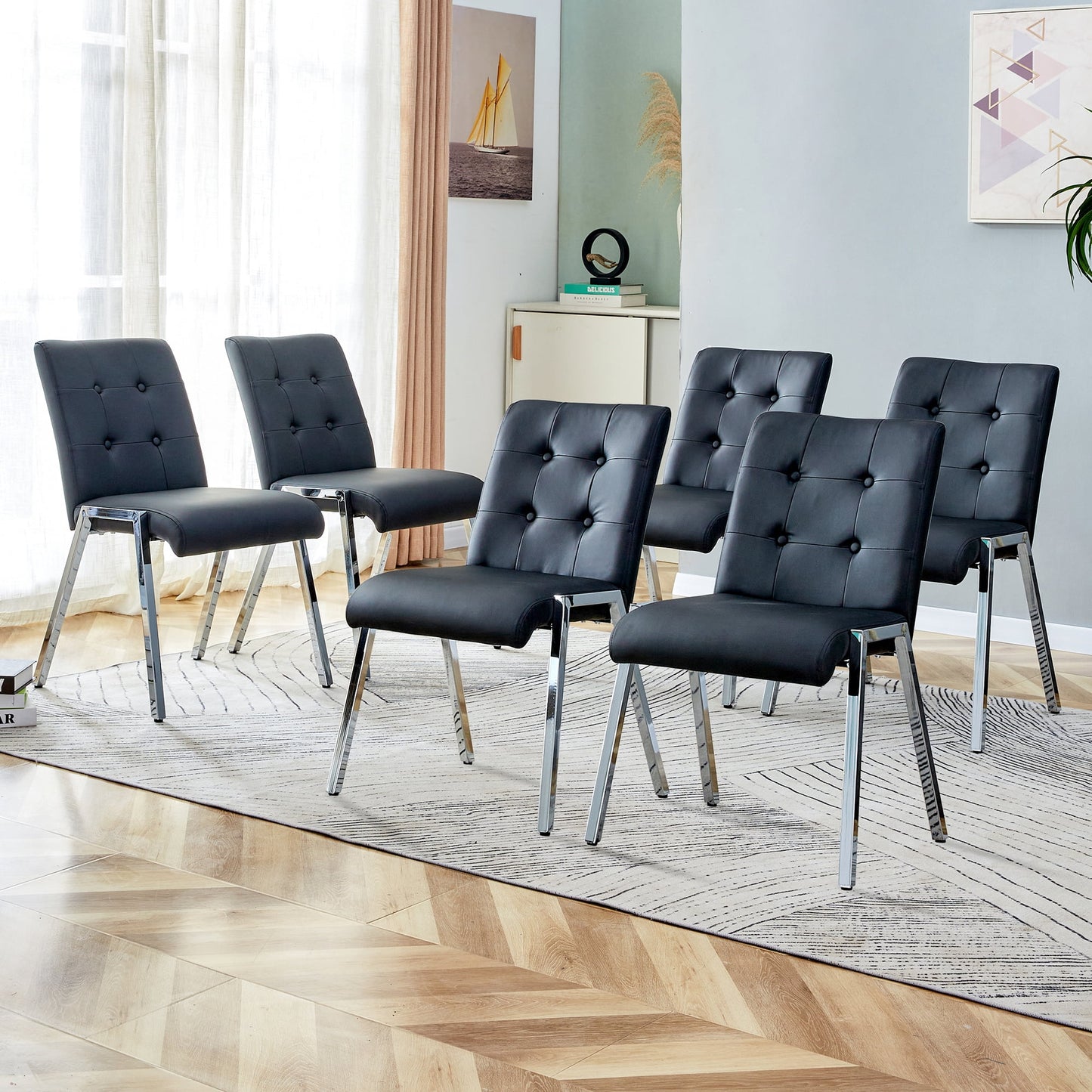 Sudica Dining Room Chairs Set of 6 Upholstered Tufted Mid-Century Modern Kitchen Chairs with Chomon Legs, Balck(chairs only)