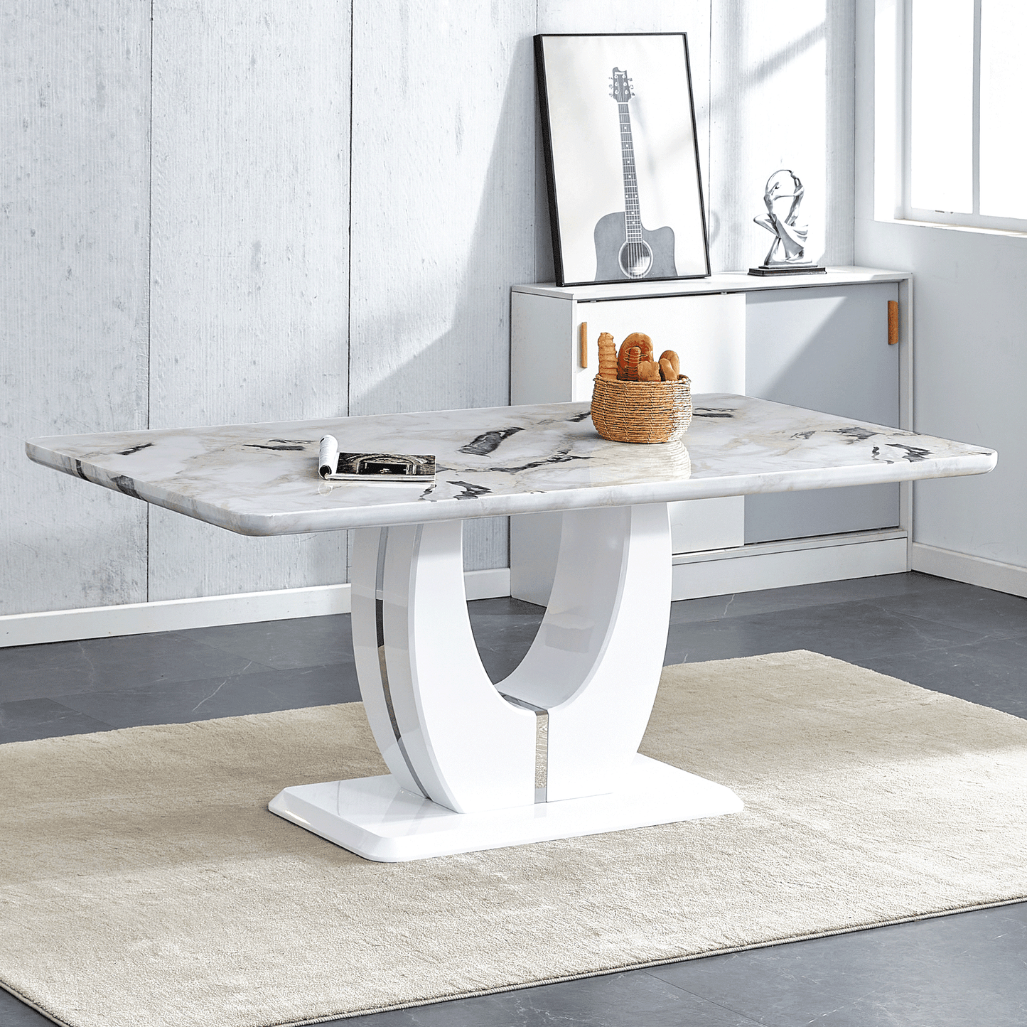 Sudica White Marble Dining Table, 71" Modern Large Rectangular Kitchen Table with U Shape Base for Dining Room