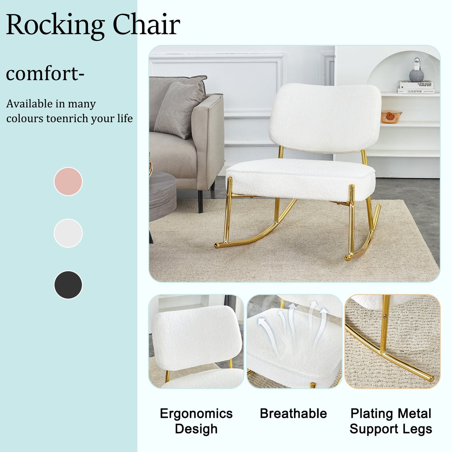 Sudica Boucle Rocking Accent Chairs with Metal Legs, Upholstered Modern Armless Rocker Chair for Bedroom,White