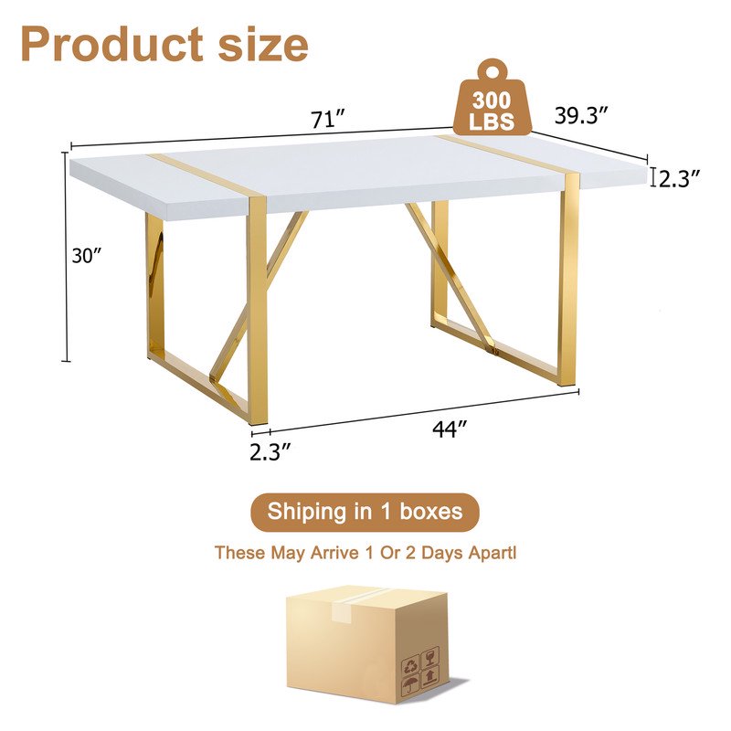 71"Large Dining Table For 6-8 Person,Sudica Rectangular White Tabletop and golden Metal Legs,for Dining Room,Kitchen,Restaurants.