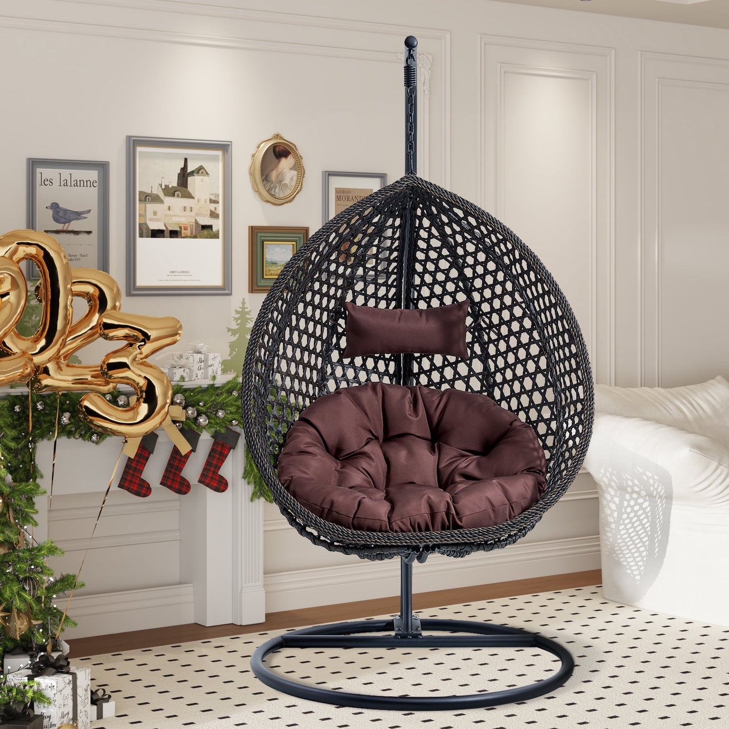 Sudica Egg Swing Chair with Stand Patio Soft Cushion Rattan Wicker Hanging Egg Chair for Bedroom, Garden 350lbs Capacity£¬ Black