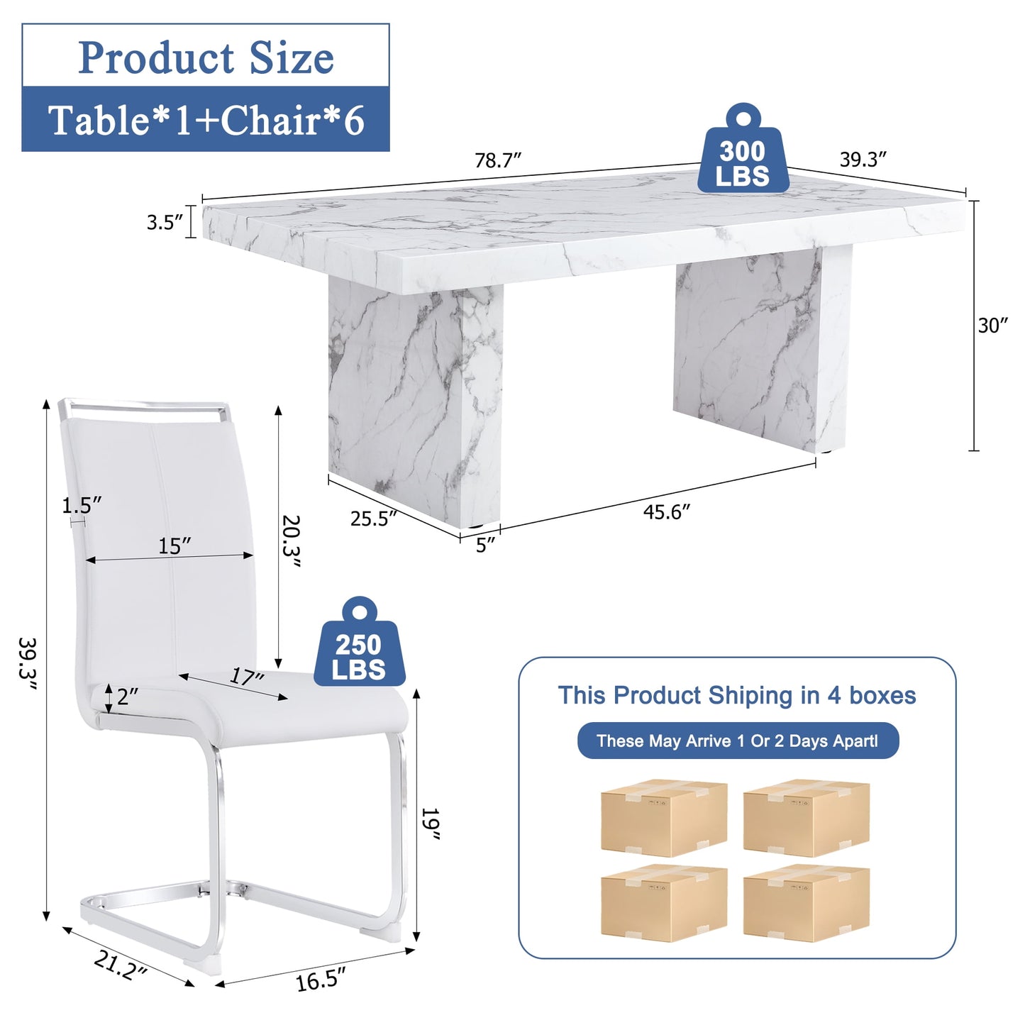 Sudica Dining Table and Chairs Set, 78" Faux Marble Dining Table with Leather Kitchen Chairs for Dining Room,White