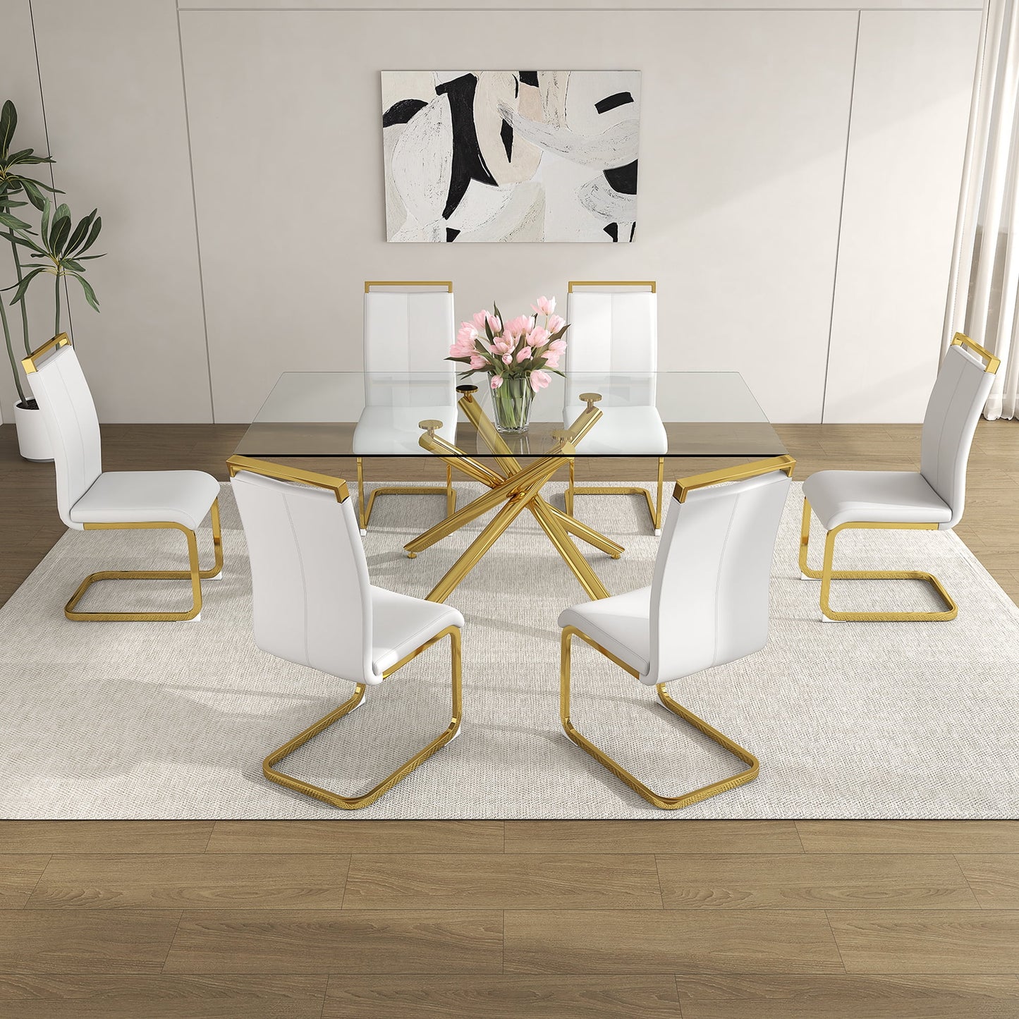 Sudica Glass Dining Table Set for 6, 71" Large Rectangular Kitchen Glass Dinner Table with Upholstered Golden Legs Dining Room Chairs, White