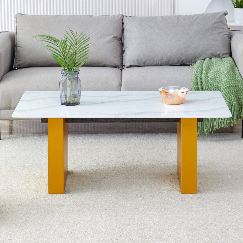 Sudica Rectangular Coffee Table, 43 inch Modern Tea Table with Marble Patterned Tabletop and Golden Legs for Living Room