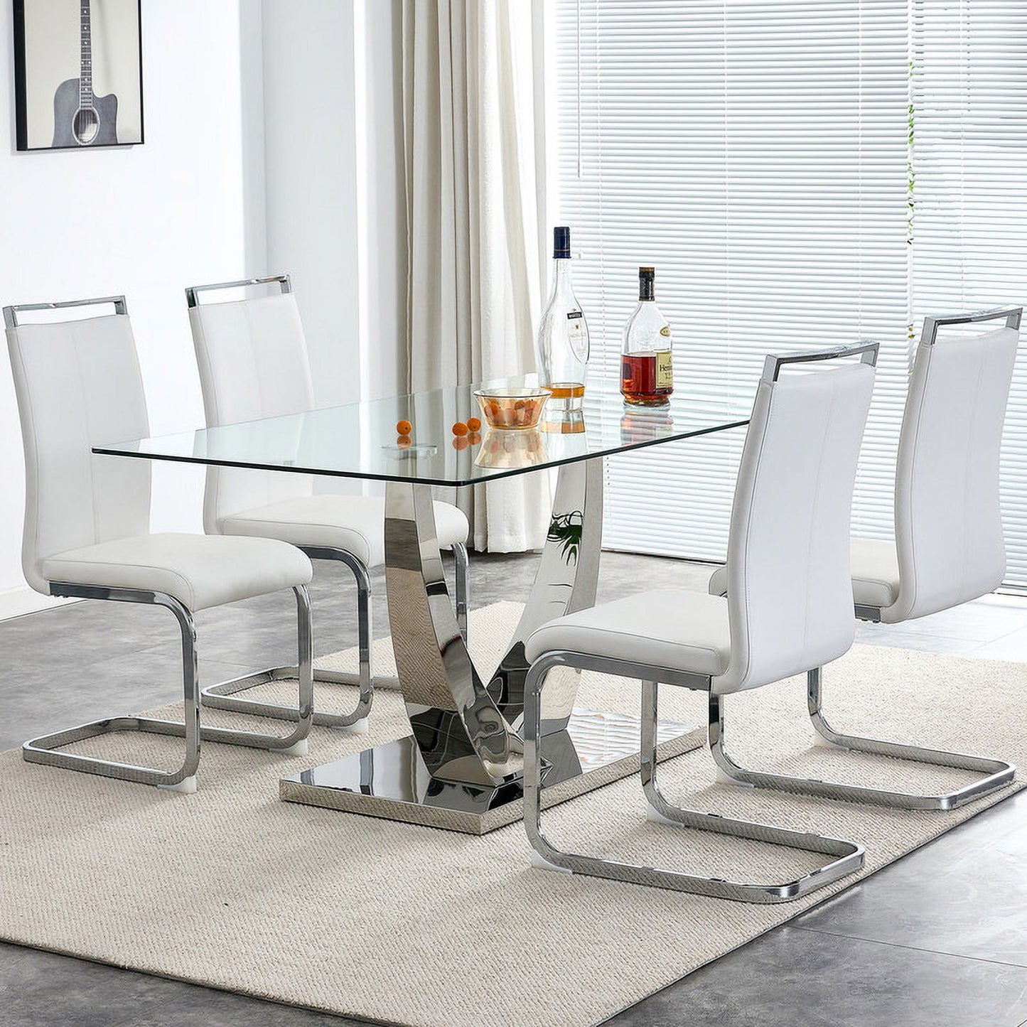 Sudica Modern Glass Dining Table, 63 inch Large Dining Room Table with Silver U shape Base for Kitchen