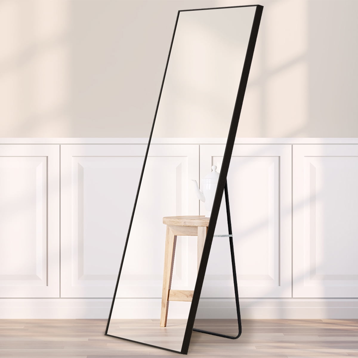 Sudica Black Full Length Mirror 58" x 15" Rectangular Wood Body Wall&Floor Mirrors with Stand