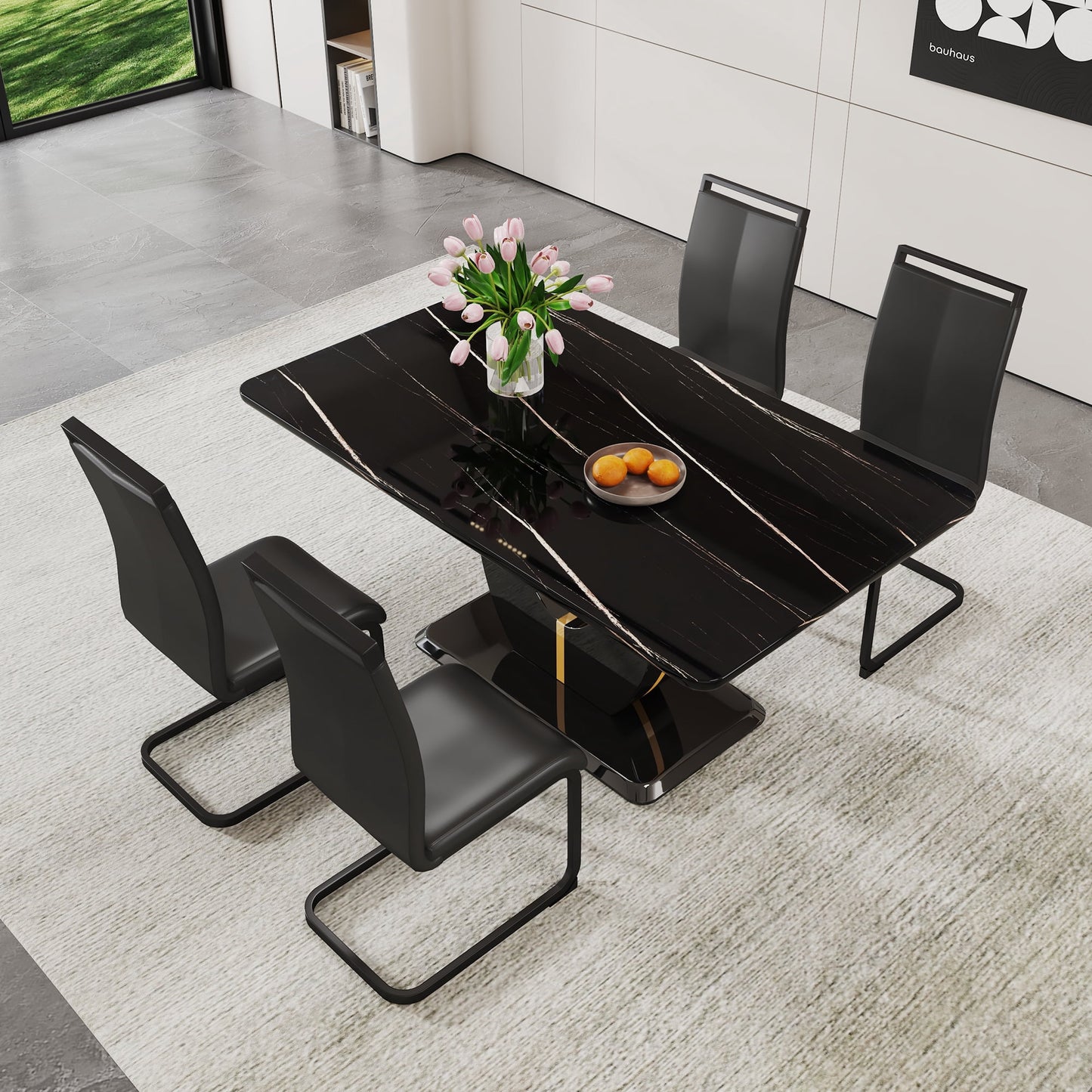 63" Dining Table Set for 4, Modern Black Faux Marble Rctangular Table with 4 Upholstered PU Leather Kitchen Chairs, Black