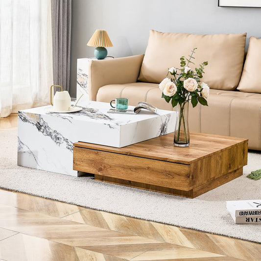 Sudica Modern Coffee Table Rustic Rectangular Faux Marble Center Table with Wooden Storage Drawer, White Cocktail Table