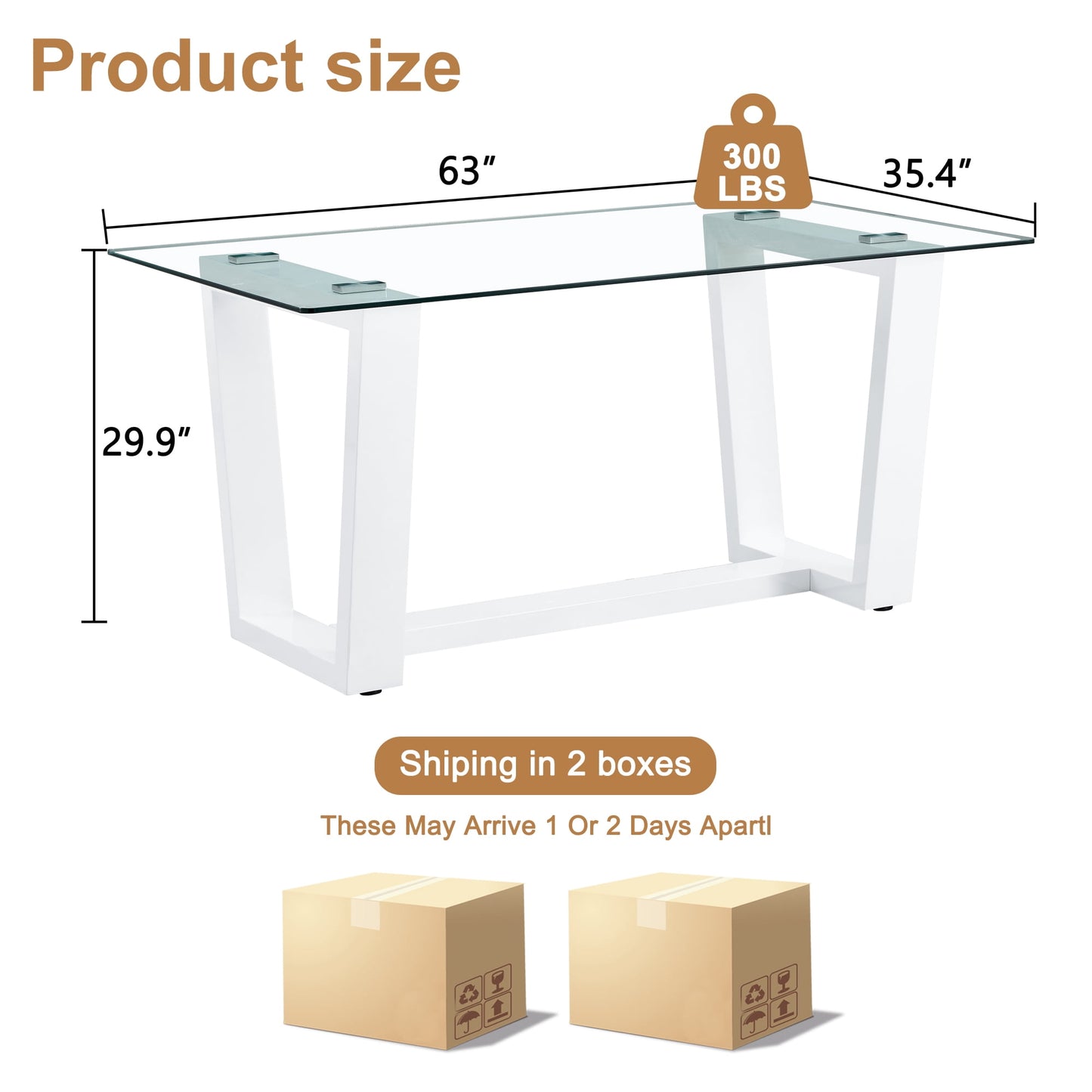 Sudica Glass Dining Table 63" Rectangular Tempered Glass Kitchen Table with White MDF Legs for Dining Room