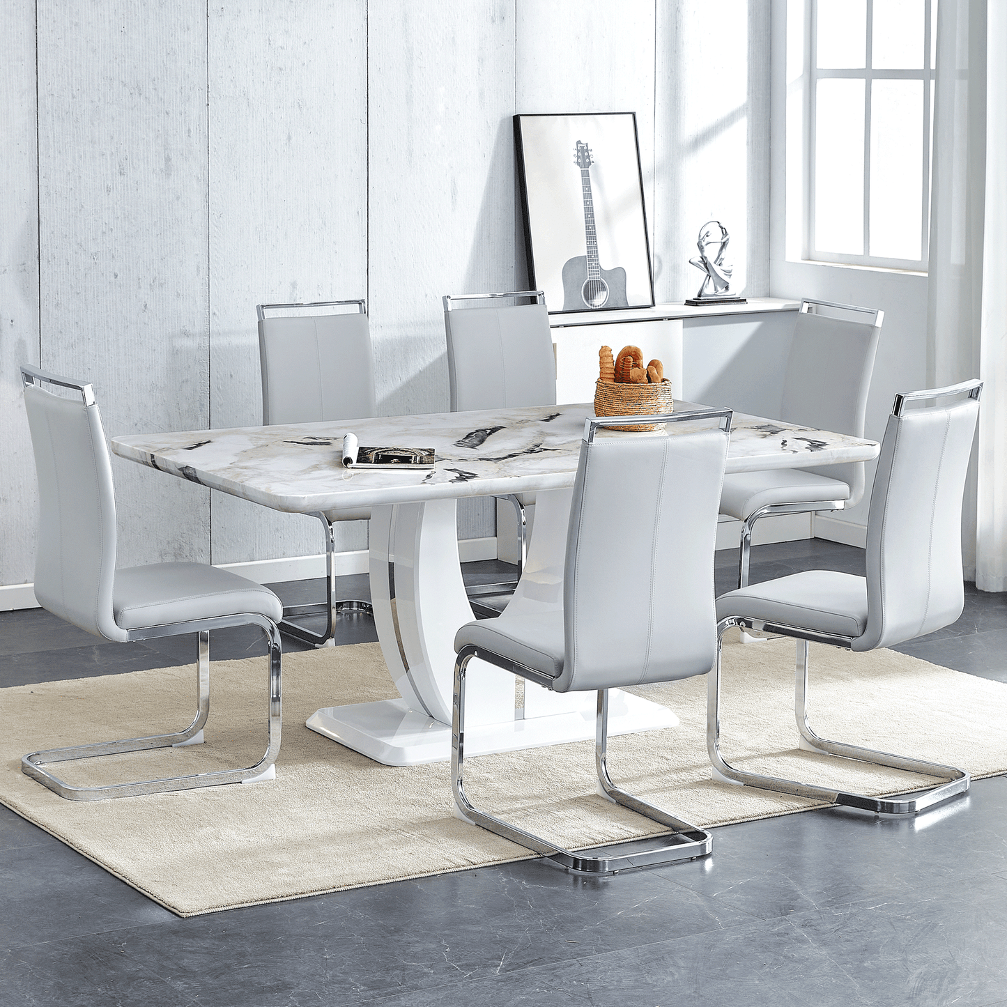 Sudica White Dining Table Set for 6, 71" Marble Kitchen Table with PU Leather Dining Room Chairs, Light Gray