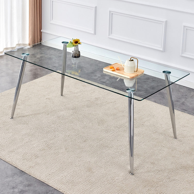 Tempered Glass Dining Table for 6, Sudica 71 inch Modern Rectangular Glass Kitchen Table with 4 Silver Plating Metal Legs