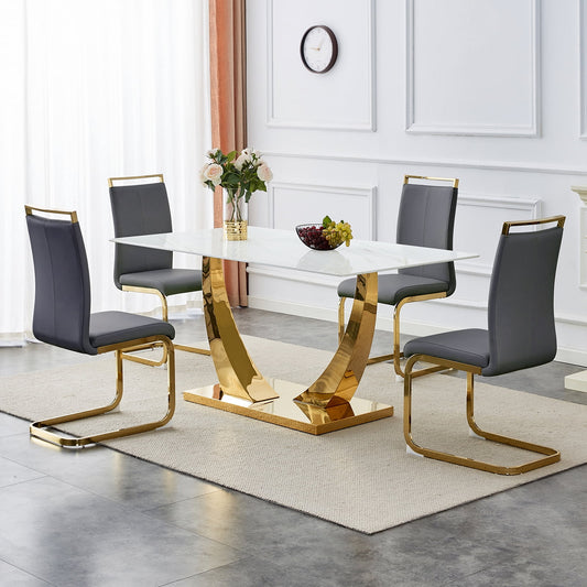 5 Piece Dining Table Set, Sudica Rectangular Faux Marble Kitchen Table with 4 Leather Gold Legs Dining Chairs,Dark Gray