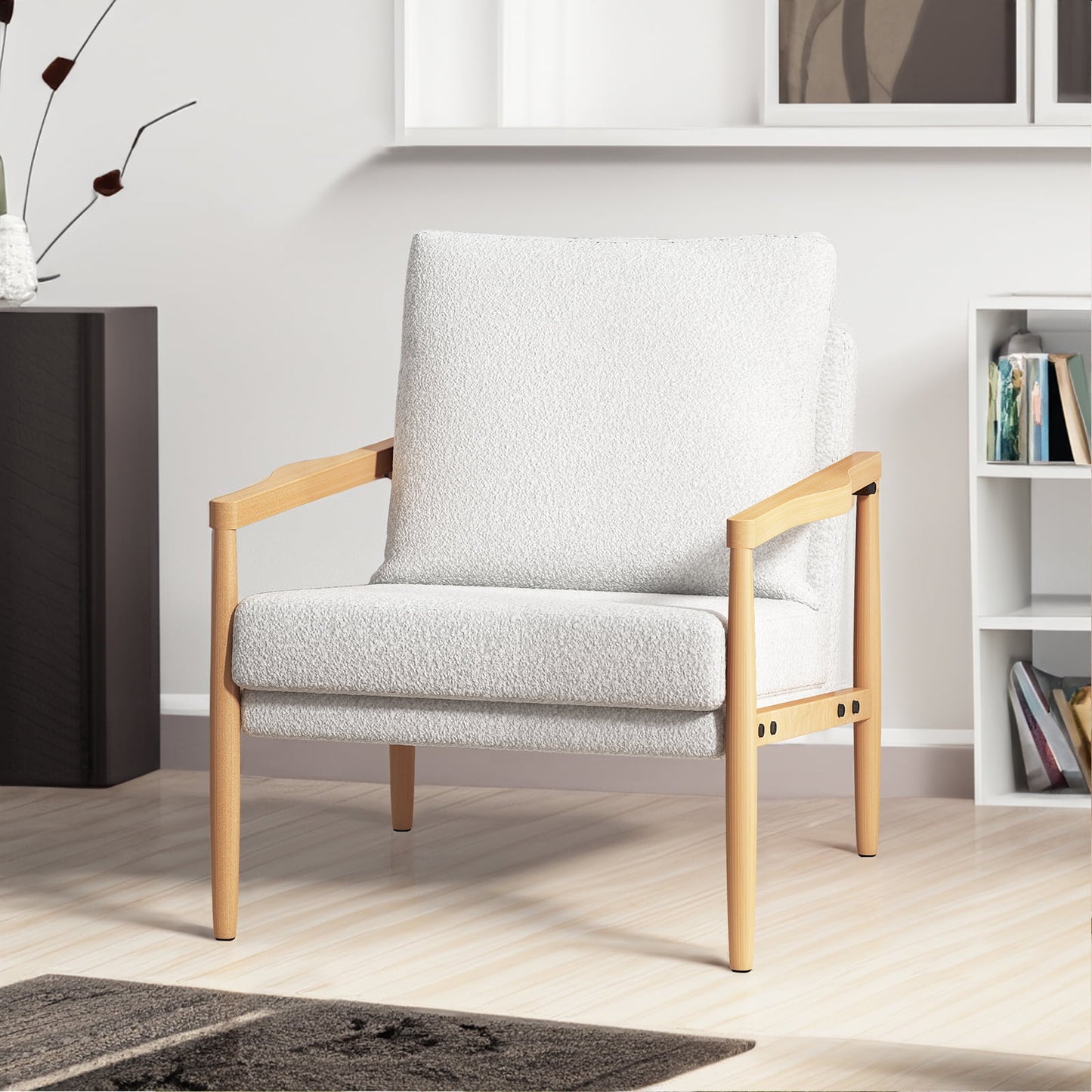 Sudica Wooden Accent Chair, Mid-Century Modern Padded Armchair with Wood Legs for Living Room,White