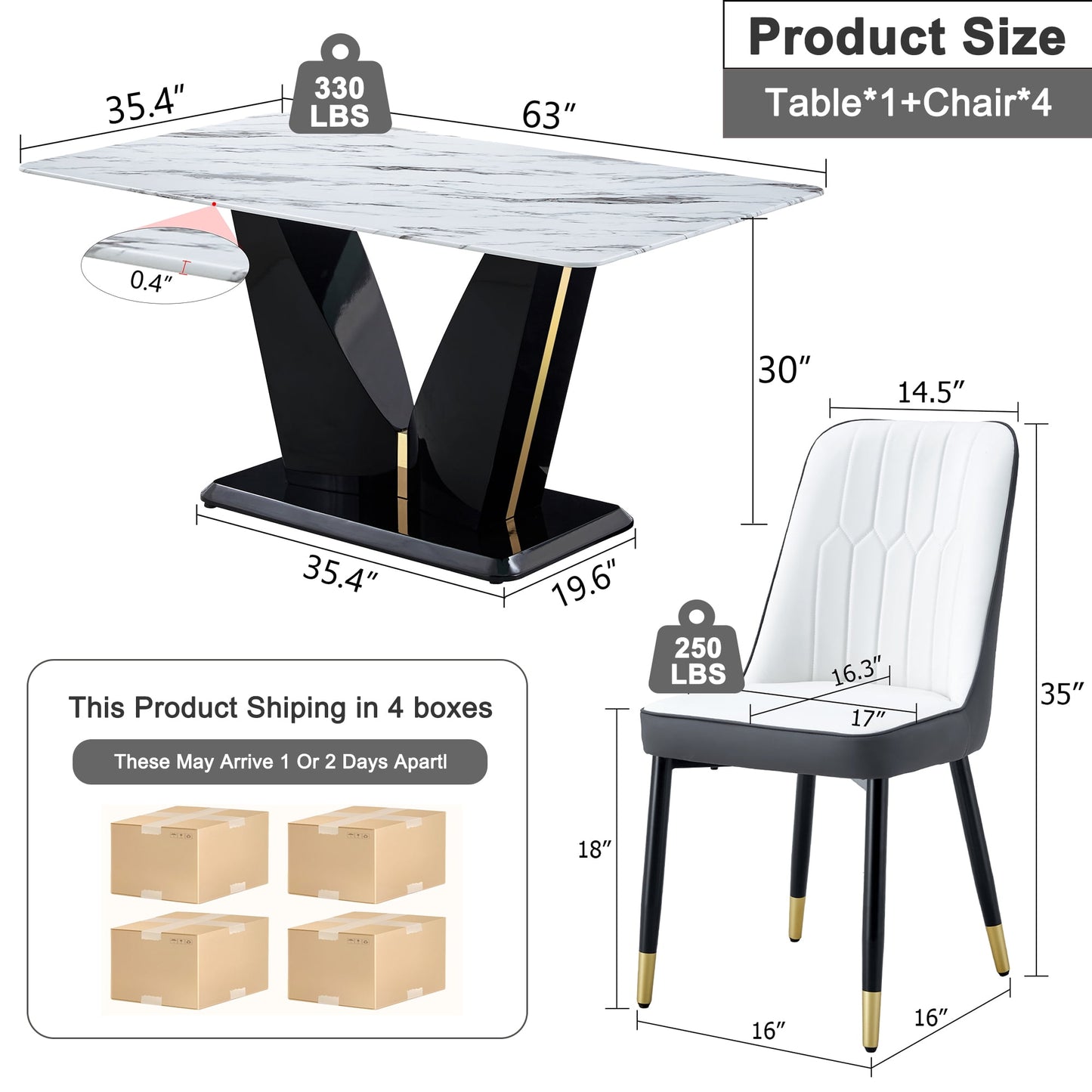 Sudica 63" Dining Table Set 5-Piece Marble Rectangular Kitchen Table & 4 Faux Leather Padded Dining Chair Set,Gray