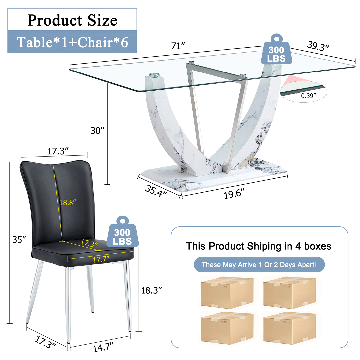 Sudica 71"Glass Dining Table with Chairs for 6, Rectangular Glass Table with Upholstered Dining Room Chairs, Black