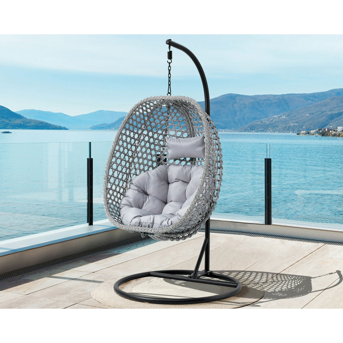 Sudica Hanging Egg Chair with Stand Patio Soft Cushion Rattan Wicker Egg Swing Chair for Bedroom, Garden 350lbs Capacity, Gray