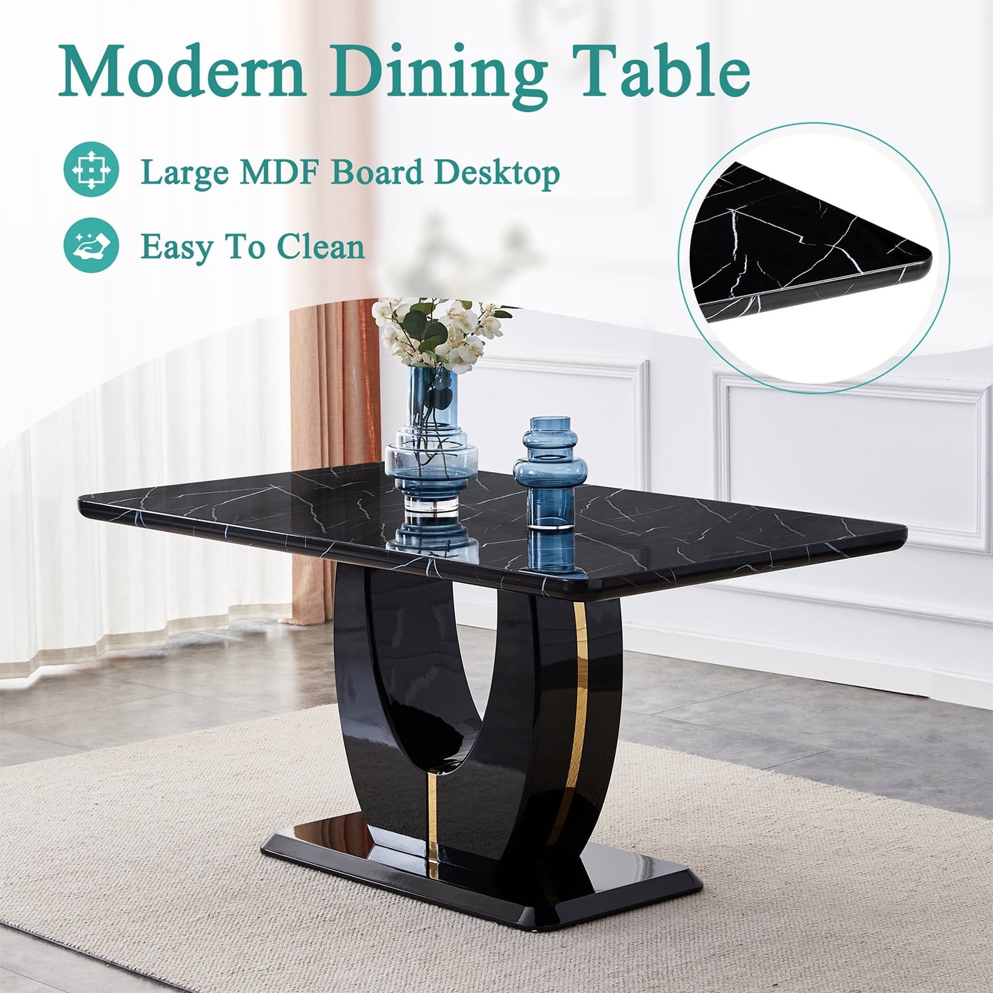 Sudica 63" Marble Dining Table for 6 Black Faux Marble Dining Room MDF Table with U-Shaped Support