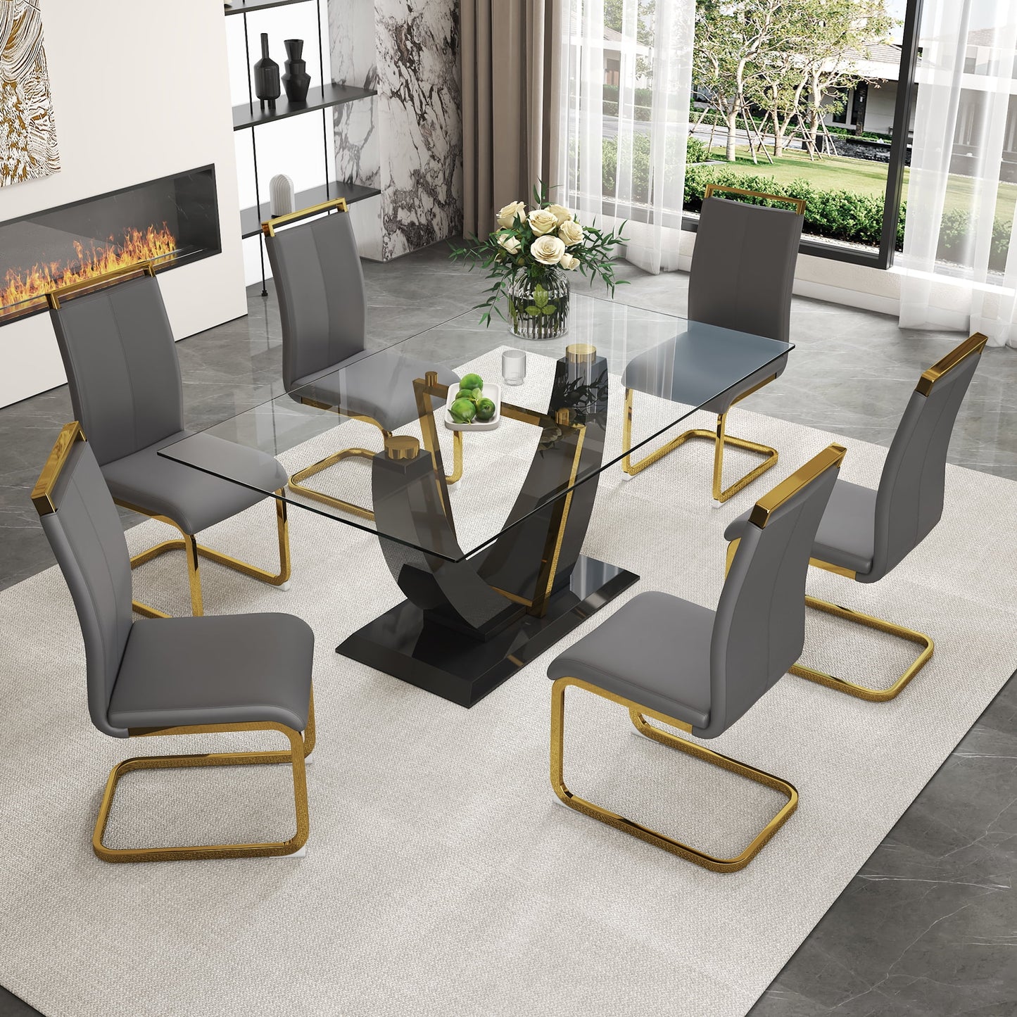 Sudica 63" Dining Table Set for 6, Modern Rectangular Glass Dining Table with PU Leather Upholstered Dining Room Chairs,Gray