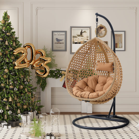 Sudica Egg Swing Chair with Stand Patio Soft Cushion Rattan Wicker Hanging Egg Chair for Bedroom, Garden 350lbs Capacity, Light Browm