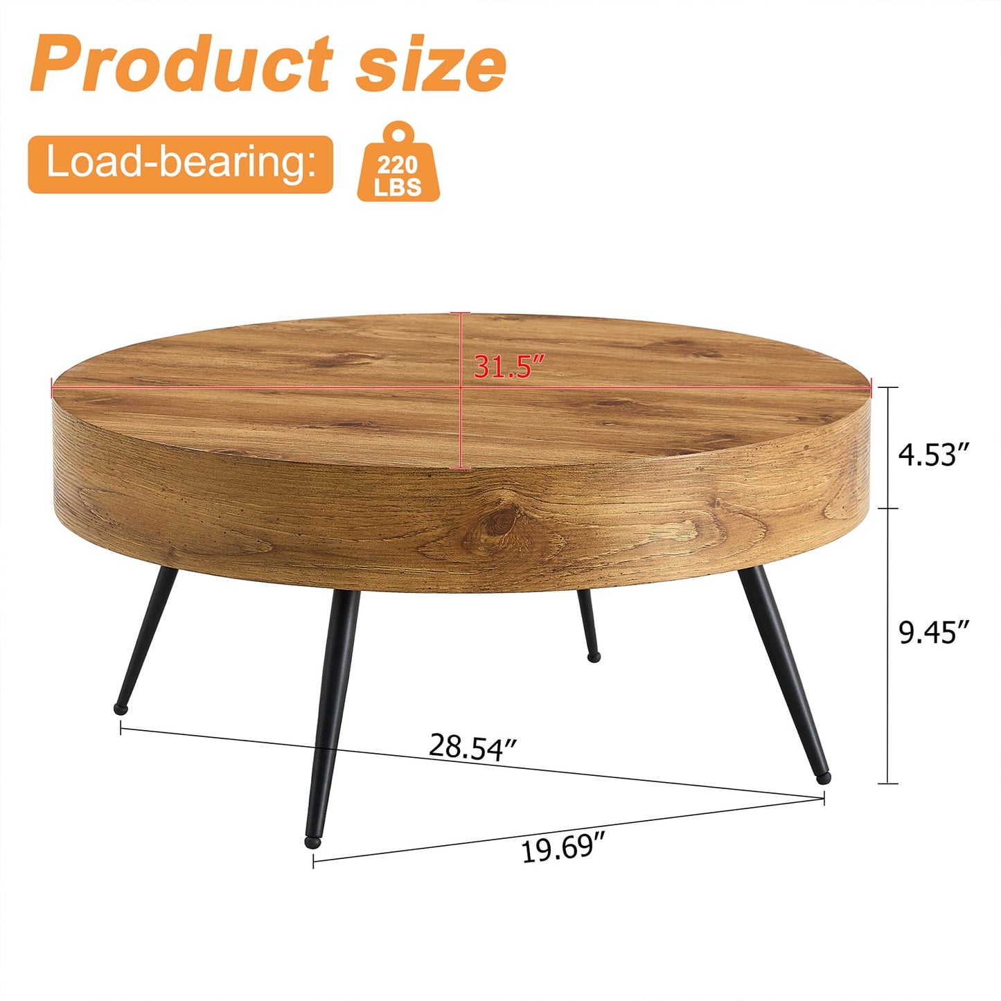 Sudica Coffee Table Wooden Round Modern Coffe Table with Black Legs for Living Room, 31.5 Inch