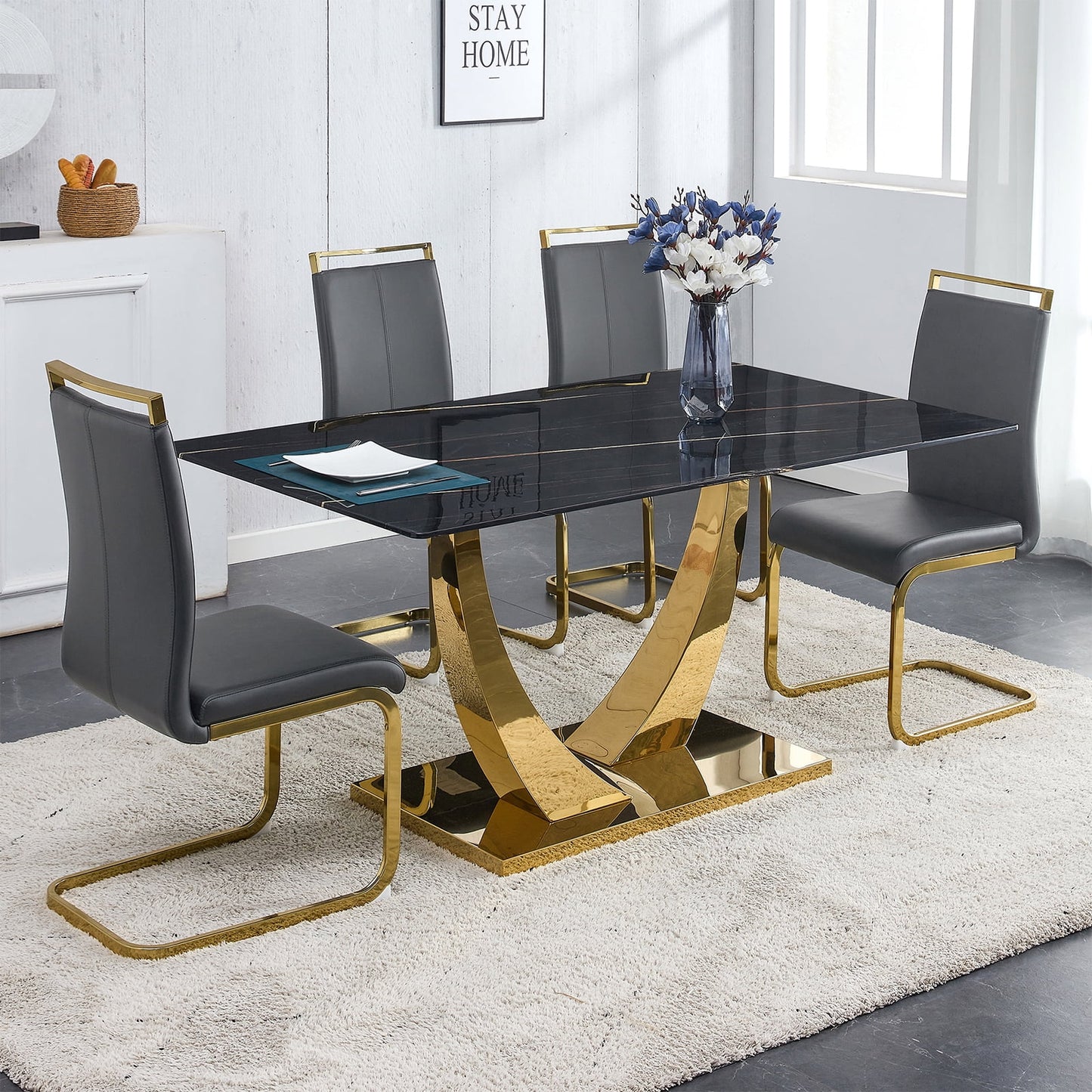 5-Piece Dining Table Set, Sudica Rectangular Faux Marble Kitchen Table with 4 Leather Gold Legs Dining Chairs, Gray