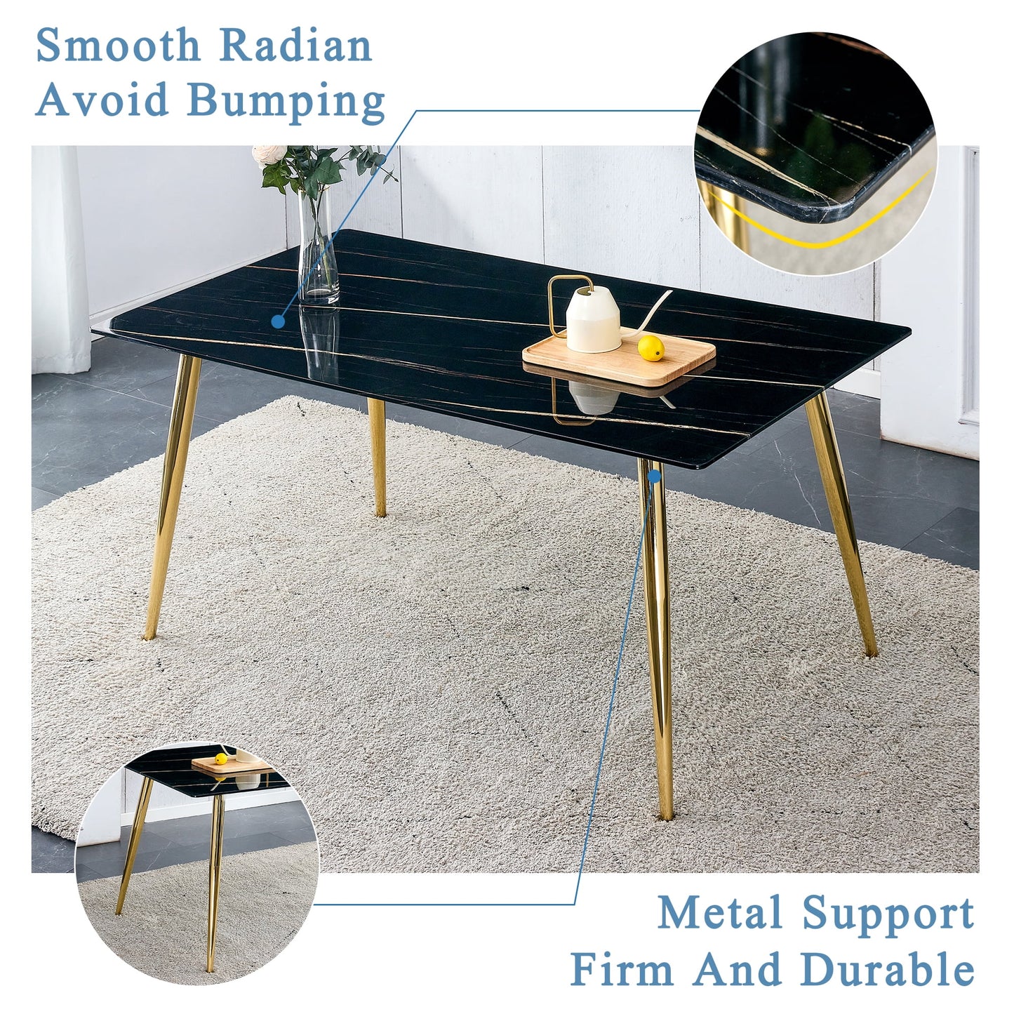 Dining Table with Marble Grain for 6, Sudica 63" Large Rectangular Kitchen Table with 4 Golden Plating Metal Legs