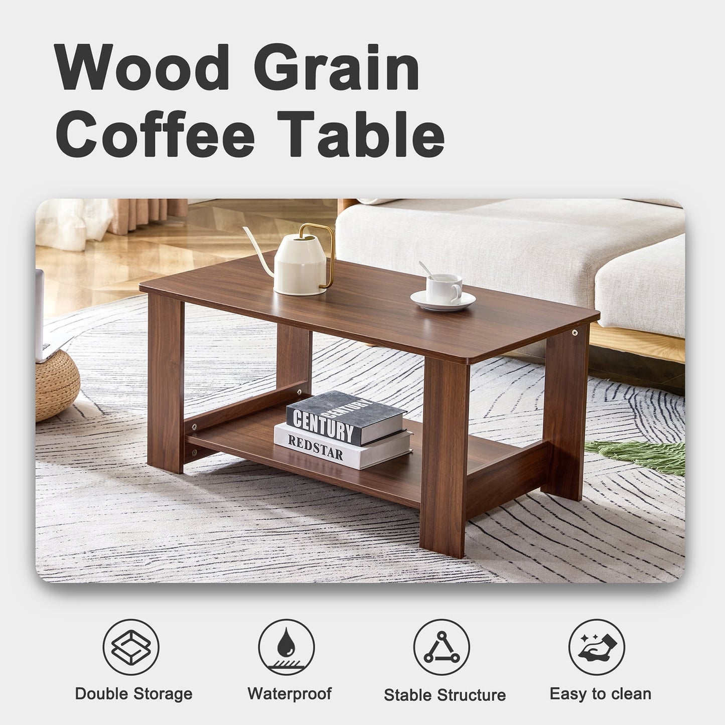 Sudica 35.4" Coffee Table with Storage Shelf Rectangular Rustic Wood Cocktail Table for Living Room,Walnut