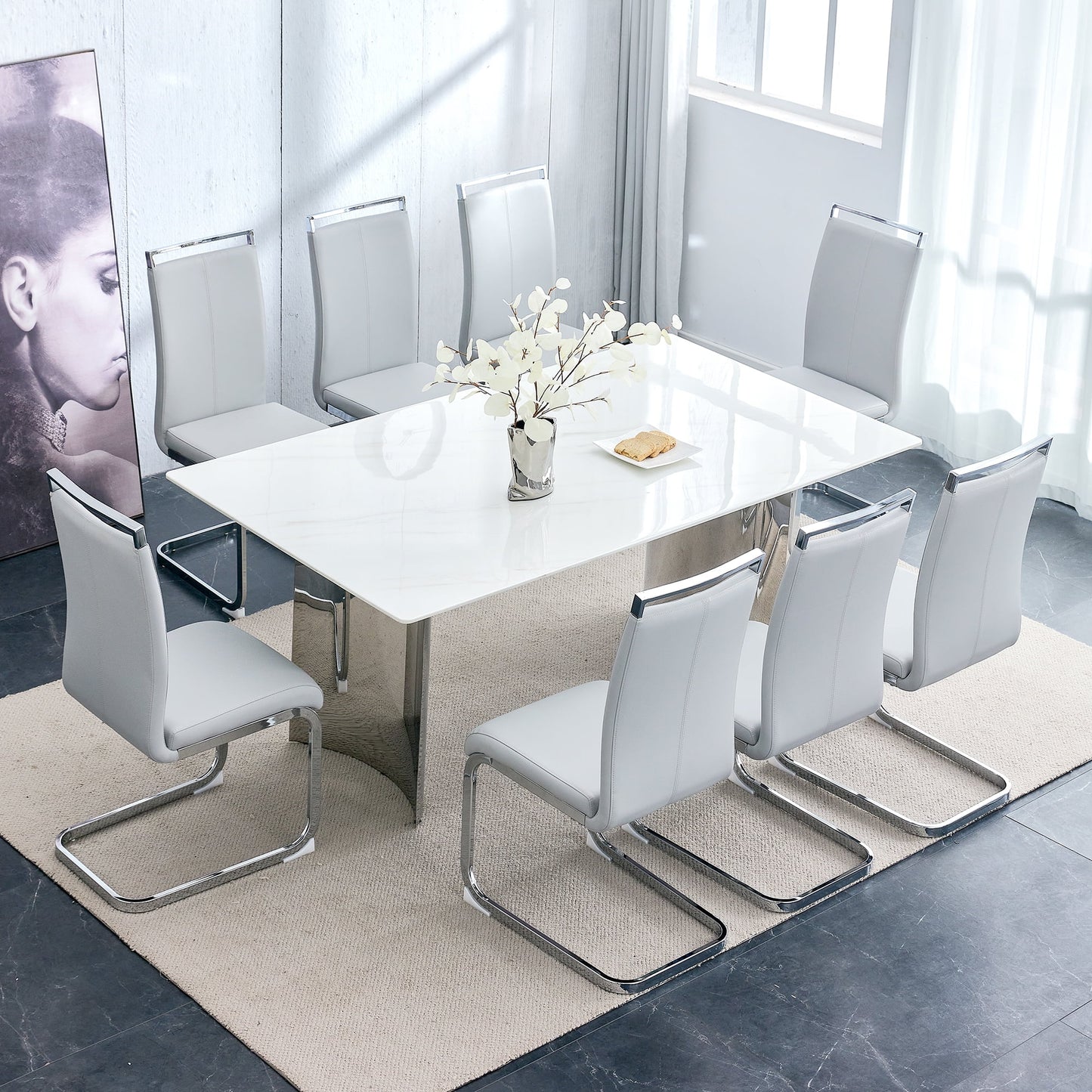 Dining Table Set for 8£¬Sudica 71" Faux Marble White Rectangular Dining Table and Upholstered PU Leather Dining Room Chairs for Kitchen,Light Gray