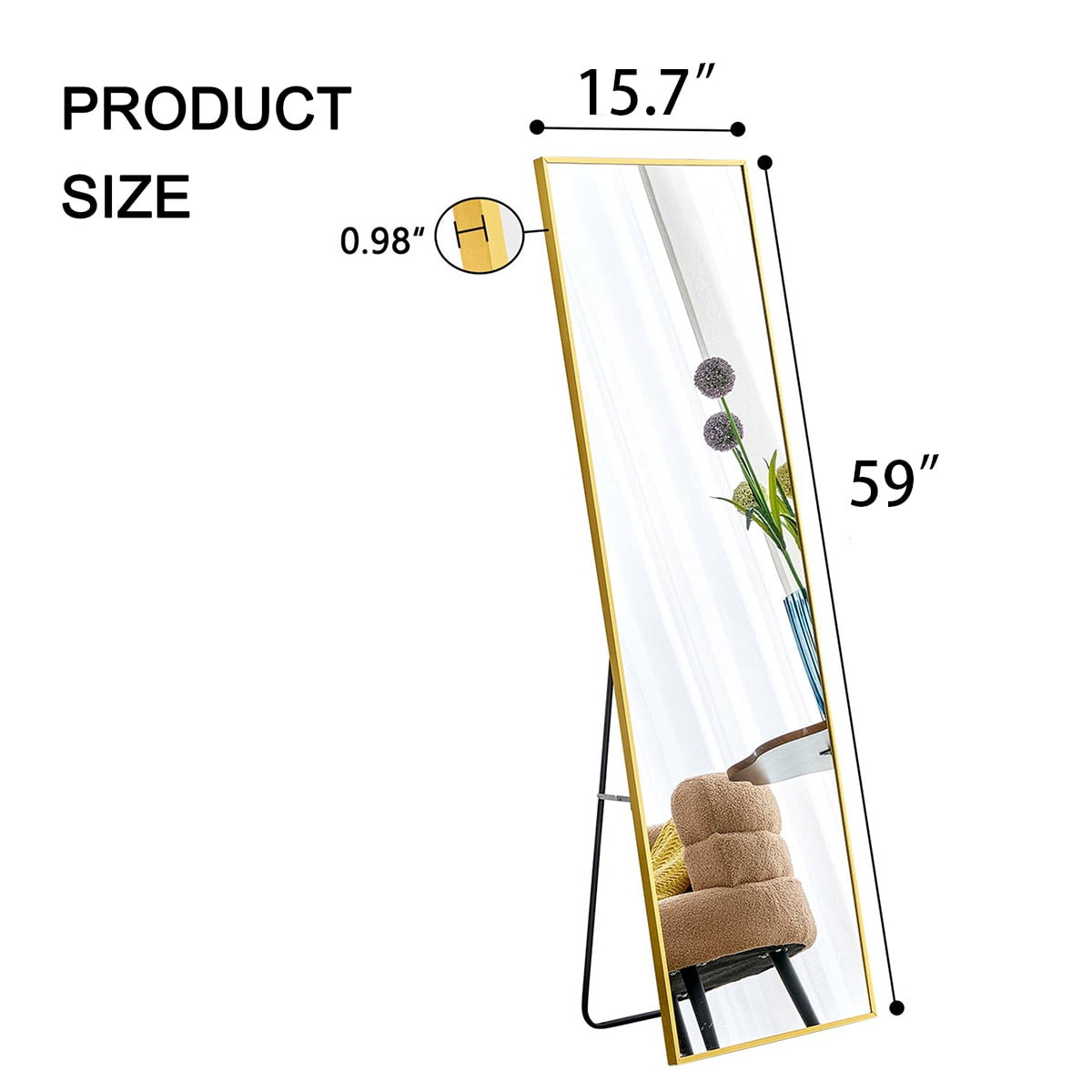 Sudica Full Length Mirror with Stand 59" X 15.7" Rectangular Bedroom Wall Body Mirrors, Gold Metal Frame