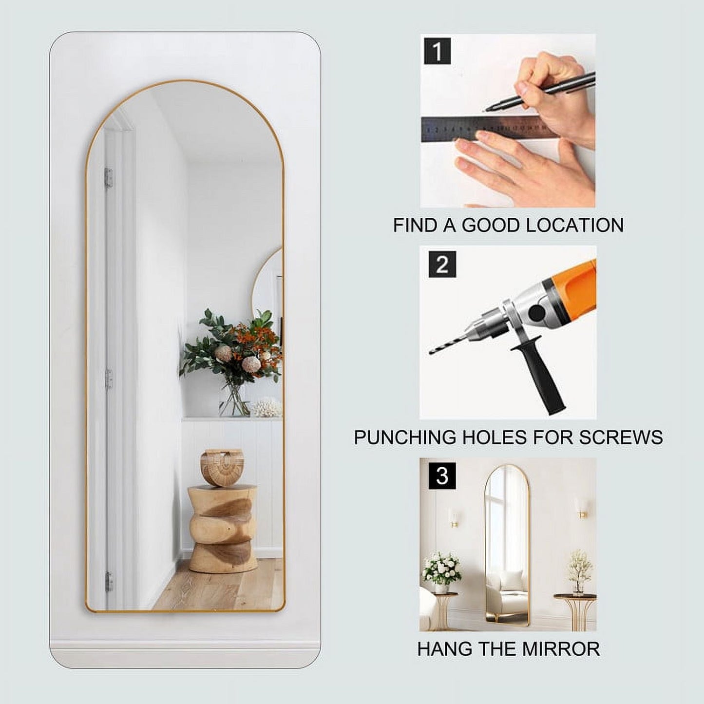 65"x23 inch Arched Full Length Mirror with Stand, Wall Hanging or Leaning Body Mirror for Bedroom, Gold