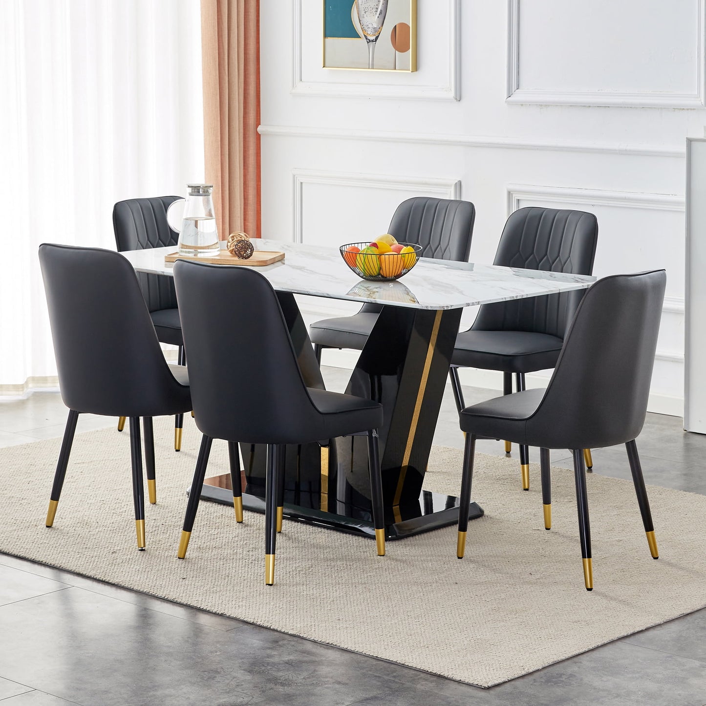 Sudica 63" Dining Table Set 7-Piece Marble Rectangular Kitchen Table & 6 Faux Leather Padded Dining Chair Set,Black