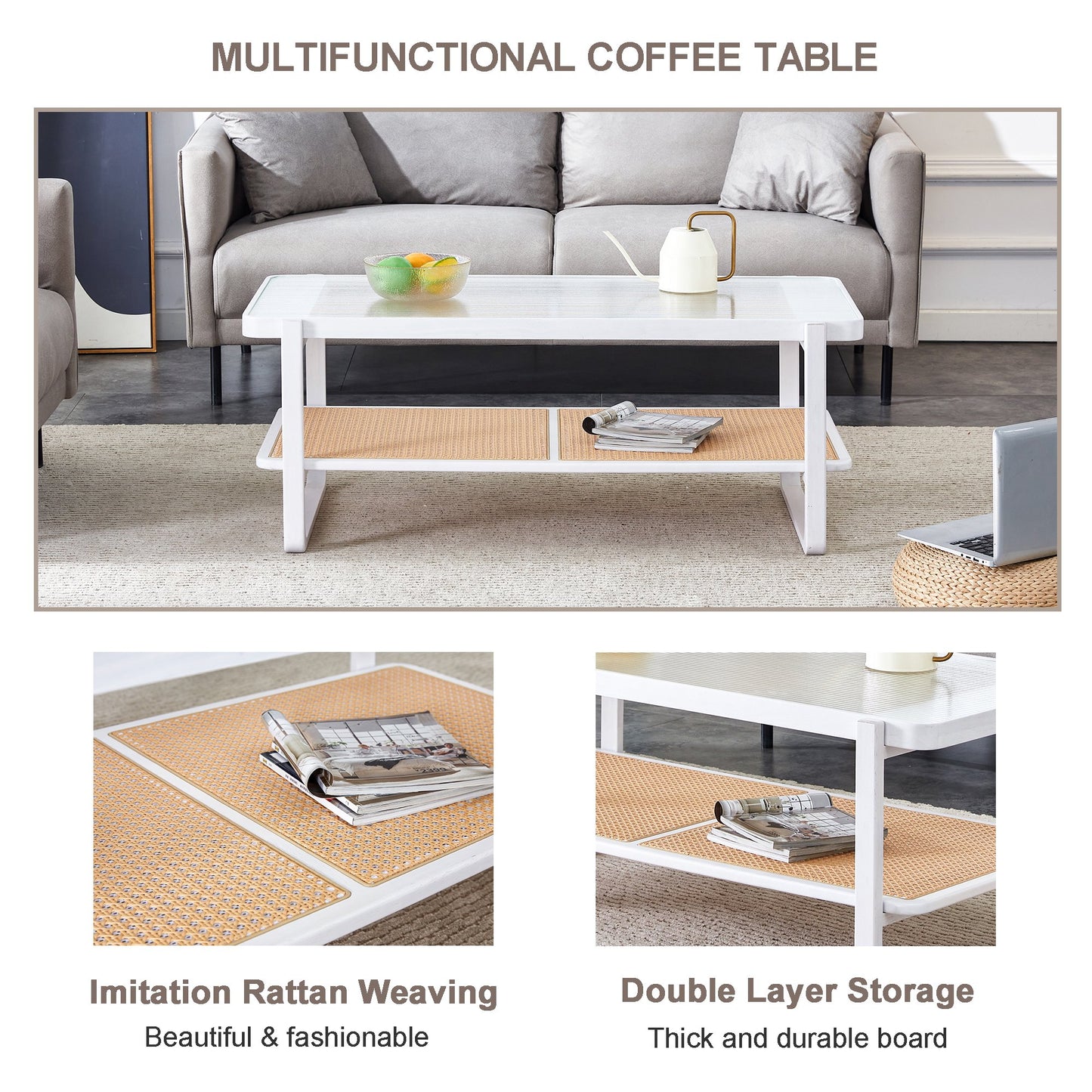 Sudica Rattan Coffee Table with Glass Top Wooden Rectangular Coffee Table with Storage Shelf,White