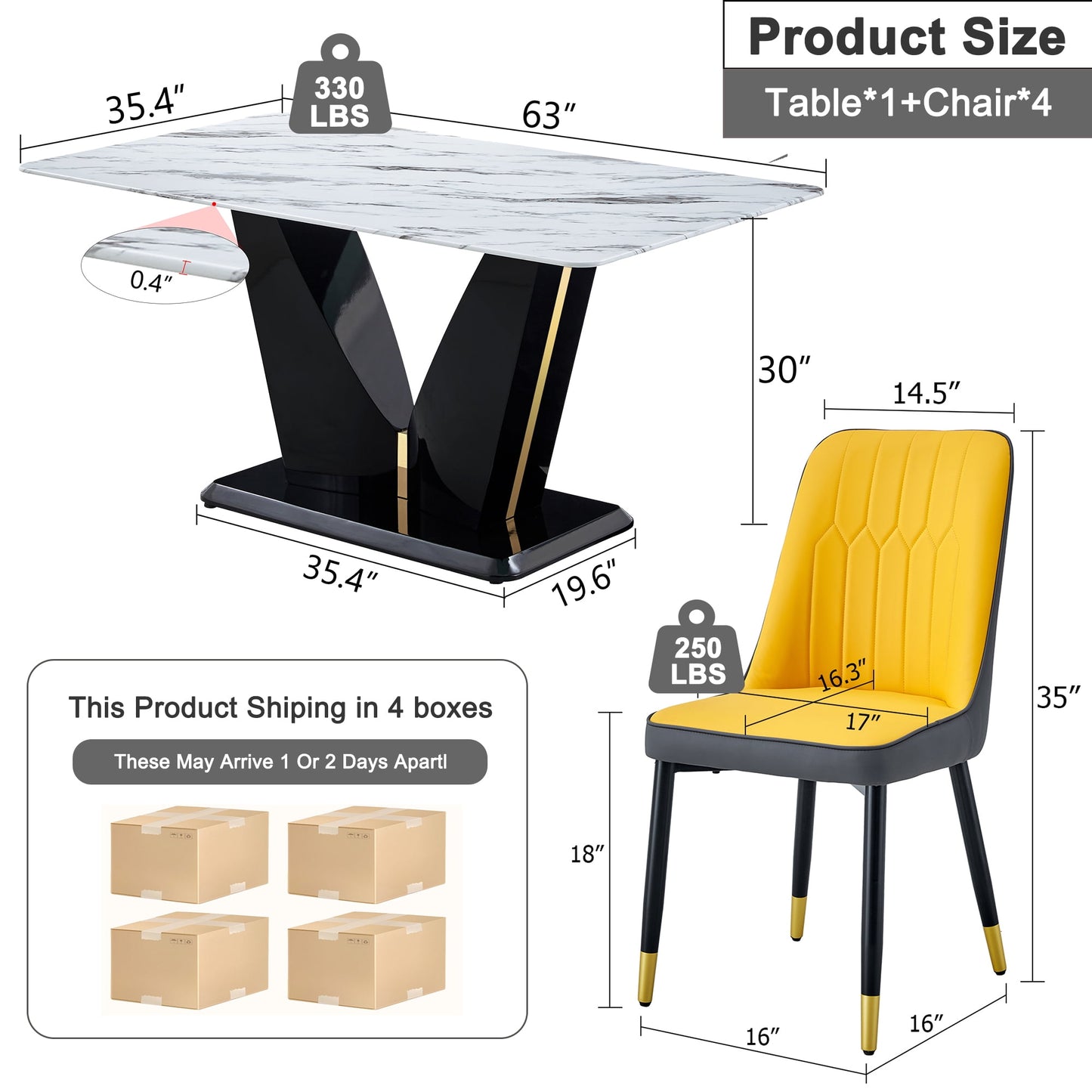 Sudica 63" Dining Table Set 5-Piece Marble Rectangular Kitchen Table & 4 Faux Leather Padded Dining Chair Set,Yellow