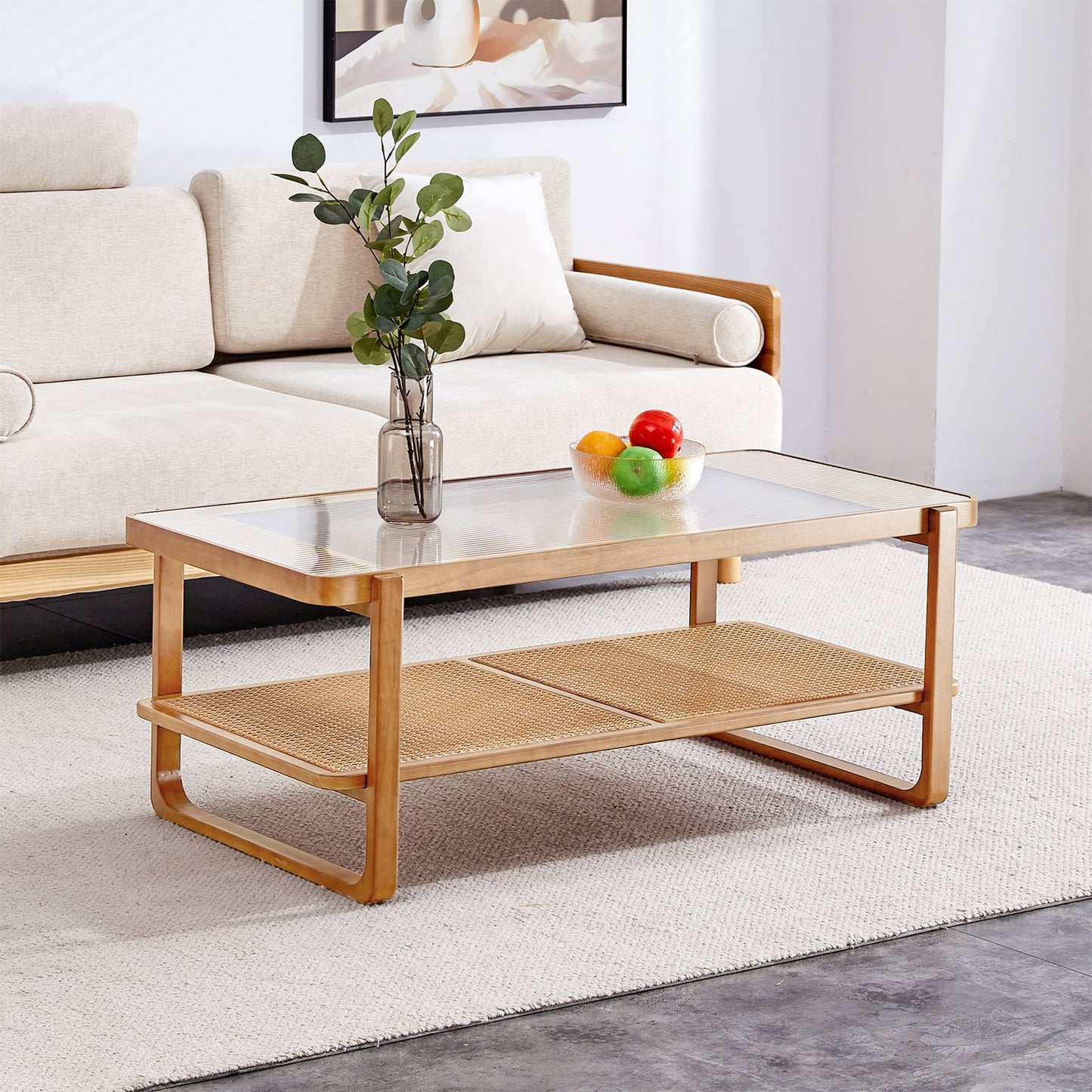 Sudica Rattan Coffee Table with Glass Top Wooden Rectangular Coffee Table with Storage Shelf