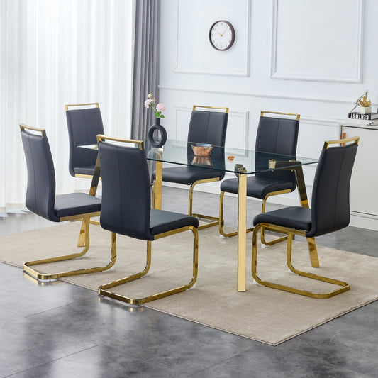 63" Large Glass Dining Table Set for 6, Sudica Gold Legs Kitchen Table with Faux Leather Dining Chairs,Black