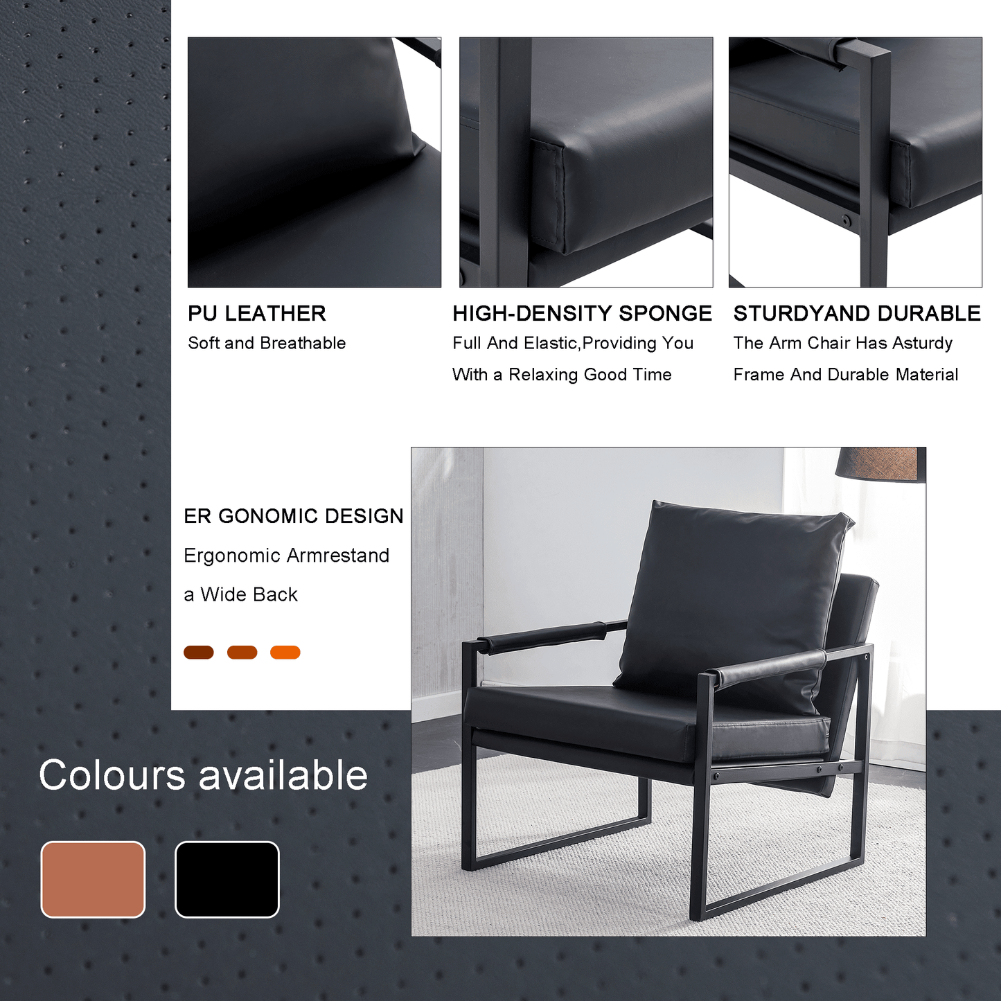 Mid-Century Accent Chair Metal Frame Faux Leather Reading Arm Chair for Living Room and Bedroom, Black