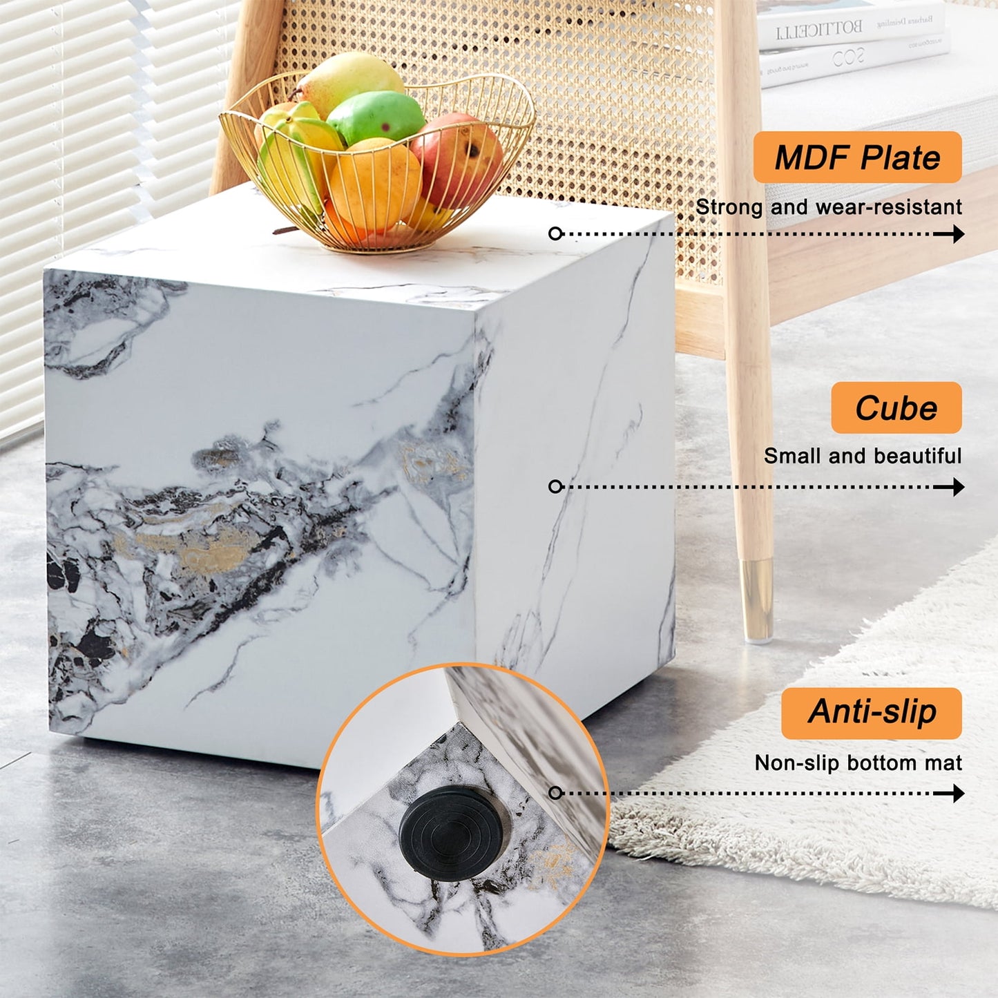 Sudica White Marble End Table Cube Side Coffee Table for Living Room, Bedroom