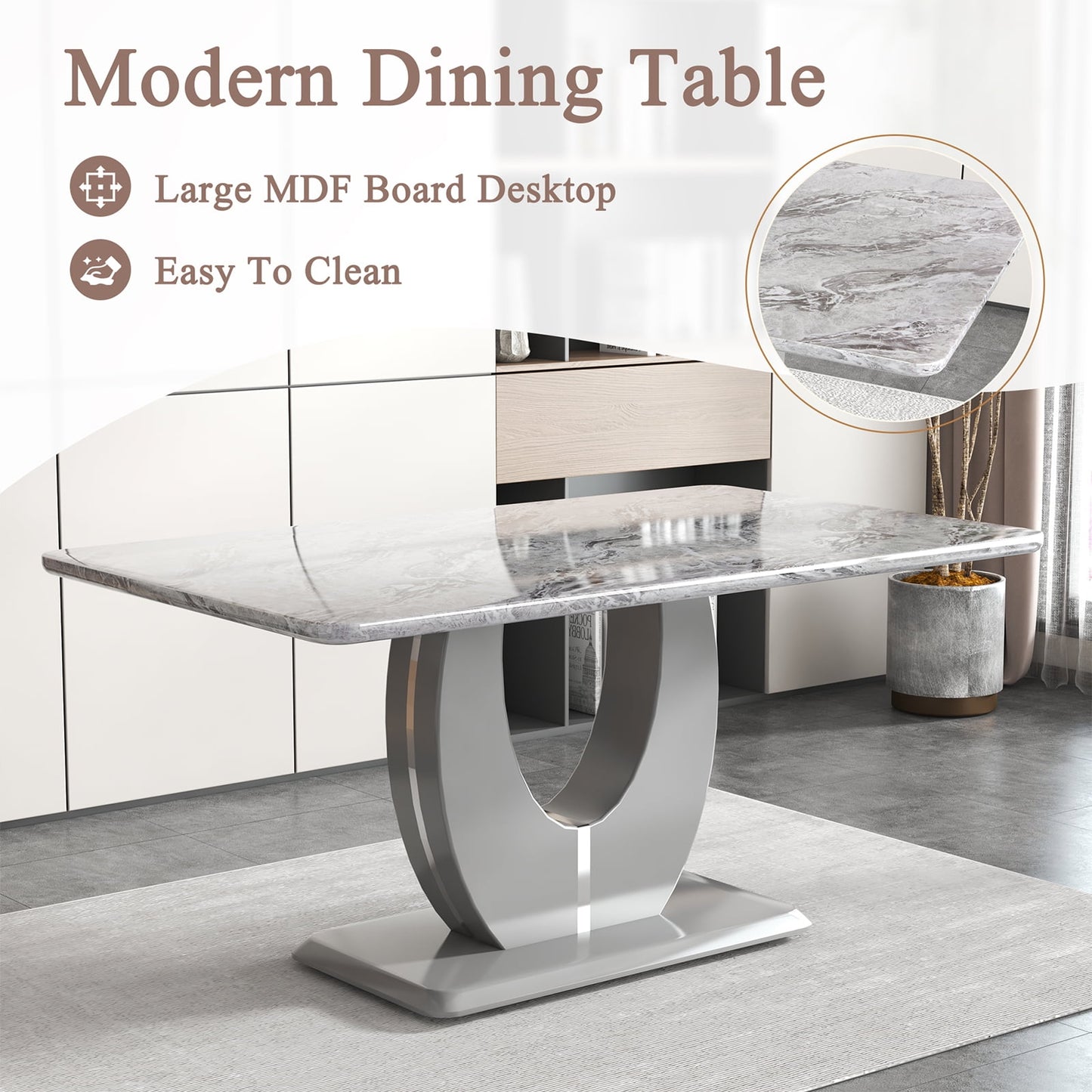 Modern Dining Table Set for 6,Sudica Rectangular Marble Kitchen Table Set with 6 PU Leather Upholstered Dining Room Chairs, White