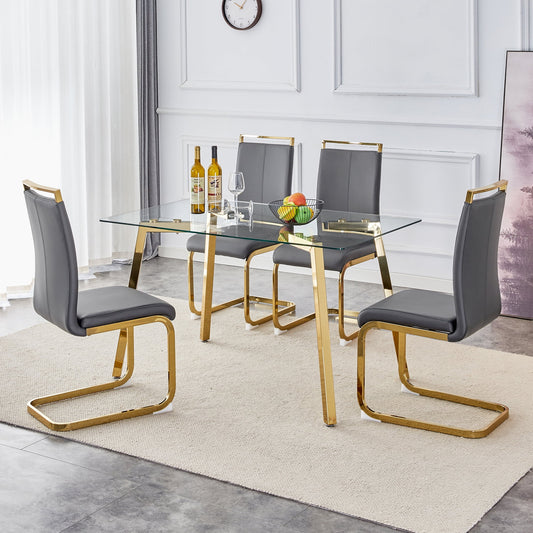 Sudica Compact Dining Table Set for 4, 51" Glass Dining Table with Gold Legs PU Leather Kitchen Chairs,Gray