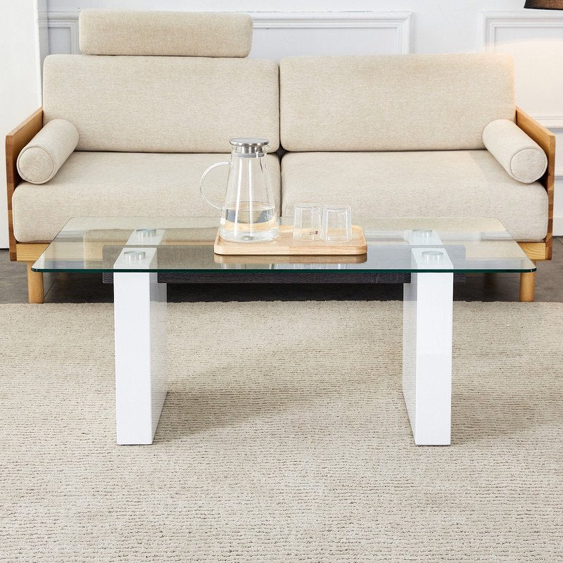 Sudica Rectangular Coffee Table, 43 inch Modern Tea Table with Tempered Glass Tabletop and White Legs for Living Room