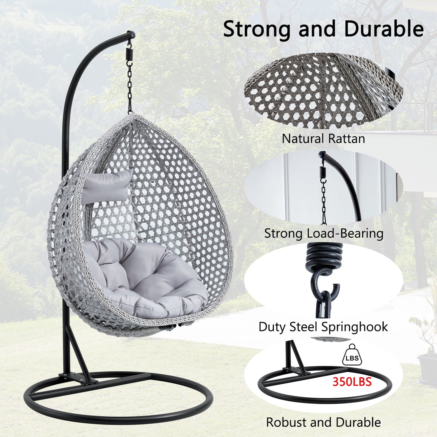 Sudica Egg Swing Chair with Stand Patio Soft Cushion Rattan Wicker Hanging Egg Chair for Bedroom, Garden 350lbs Capacity£¬ Gray