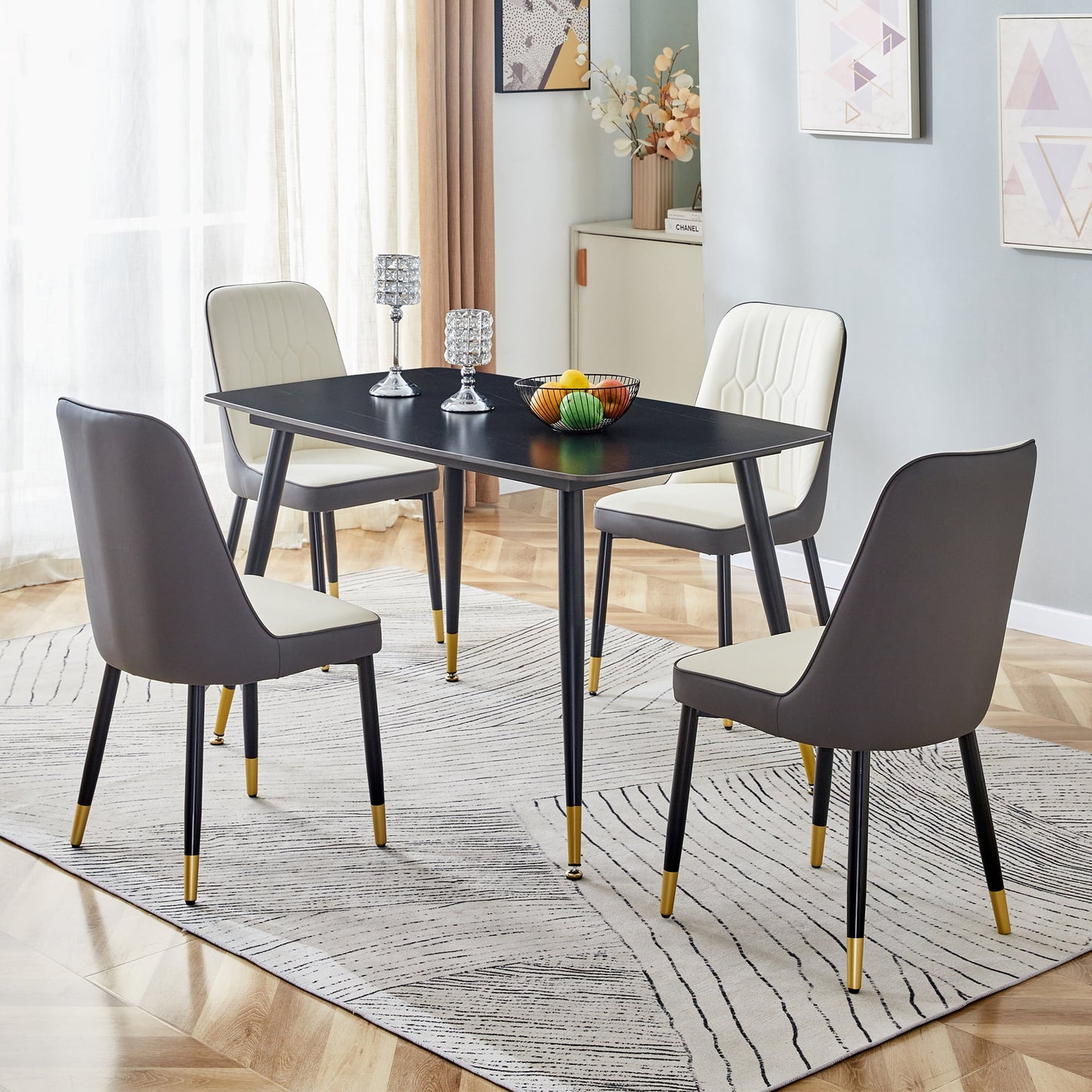 Sudica 5-Piece Kitchen Dining Table Set,Black Faux Marble Dining Tabletop with 4 Faux Leather Dining Room Chairs, White