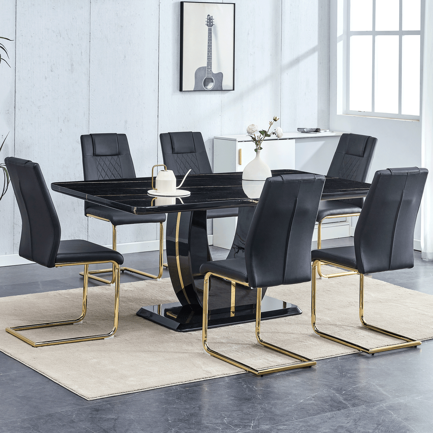 Sudica Marble Dining Set, Large Kitchen Table with 6 Gold Legs Dining Chairs 71" Modern Dining Table Set for Home,White